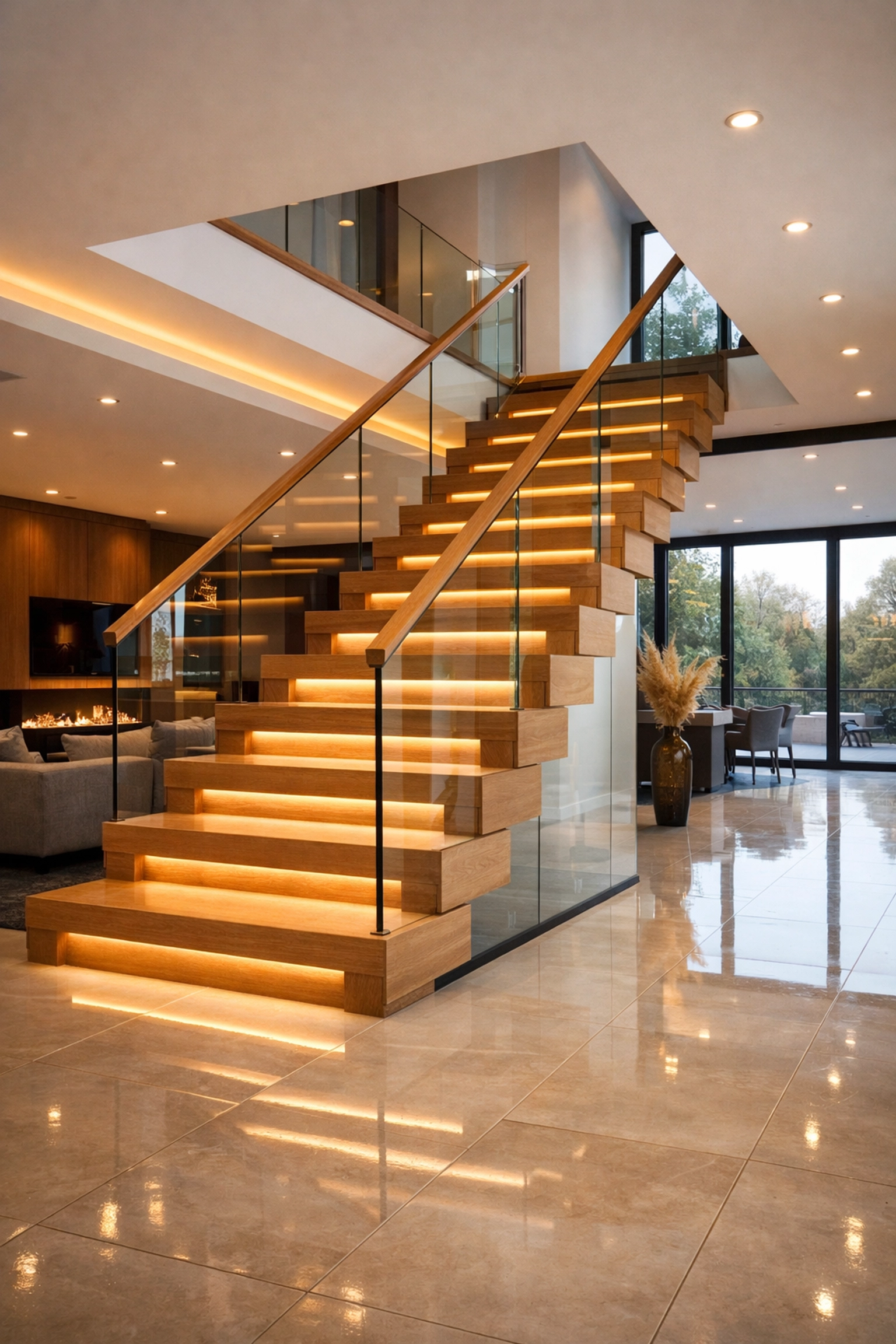 Modern open-plan second-floor living area featuring an oak and glass staircase and underfloor heating.