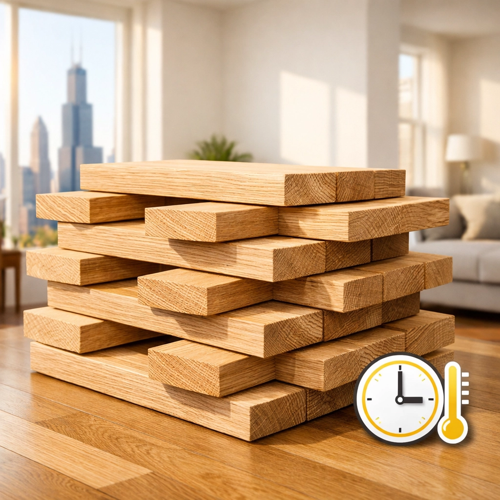 Premium hardwood flooring planks acclimating in a sunny Chicago living room before installation.