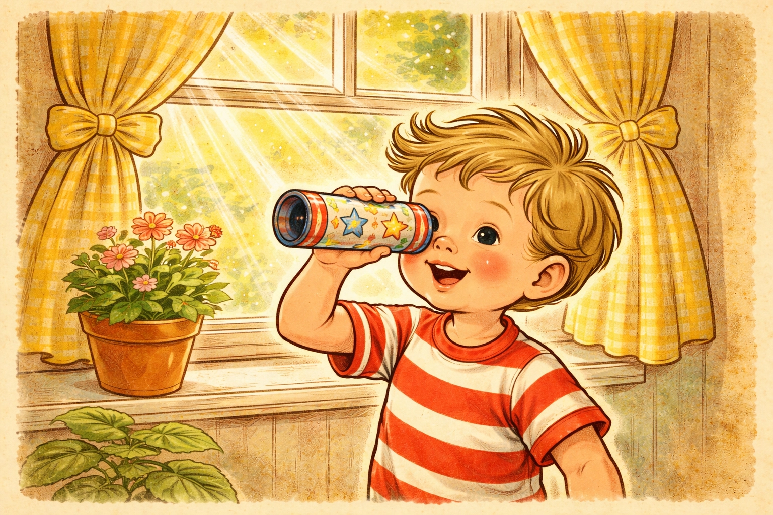 Child holding finished paper tube kaleidoscope by a sunny window, looking with delight at light patterns inside