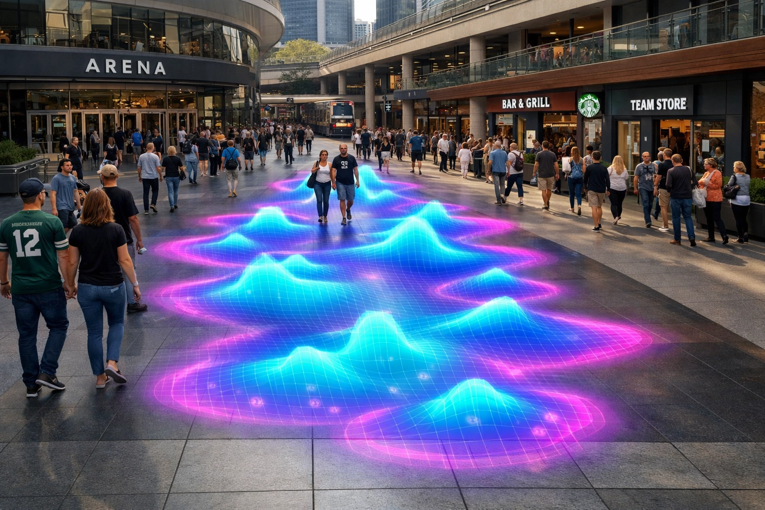 AI-powered analytics mapping fan foot traffic and movement patterns in a sports transit hub.