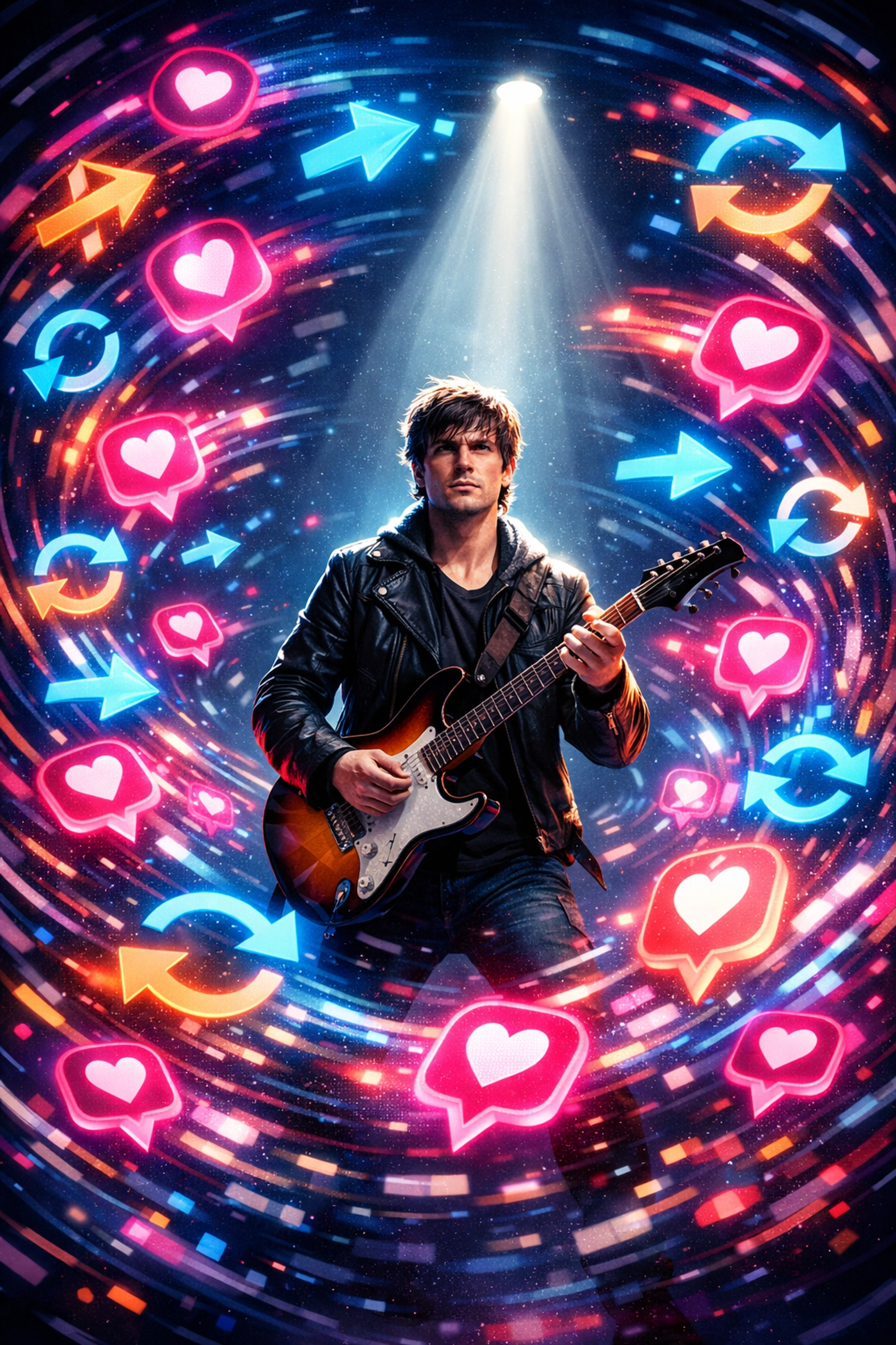 Musician surrounded by social media icons illustrating the chaos of digital music marketing.