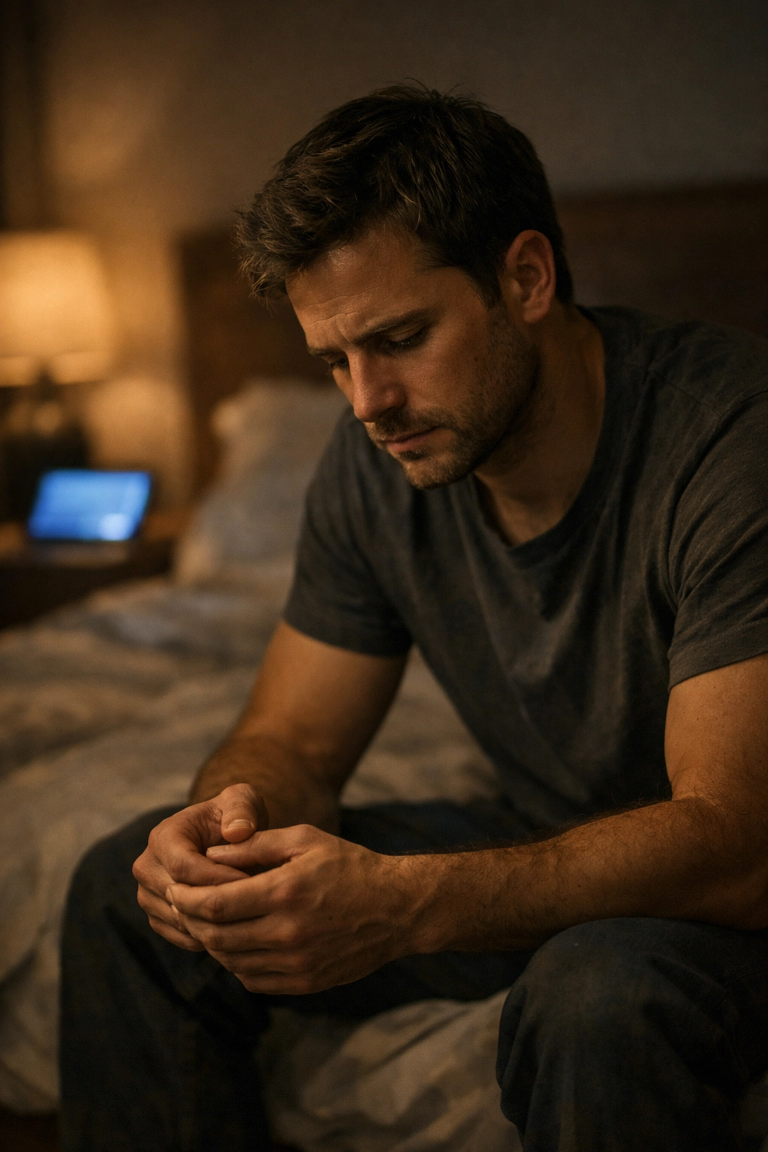 Gondterhelt férfi az ágy szélén, aki a PIED és a merevedési zavar jeleit tapasztalja magán.