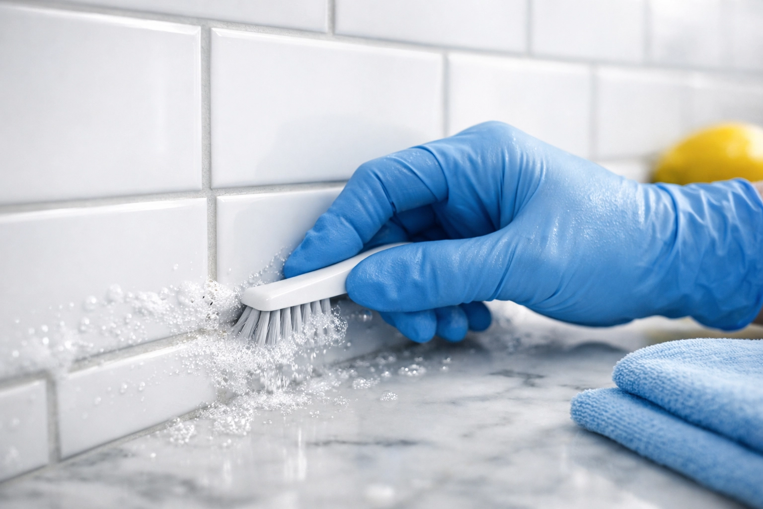 Professional cleaner scrubbing kitchen tile grout during a deep cleaning in Littleton.