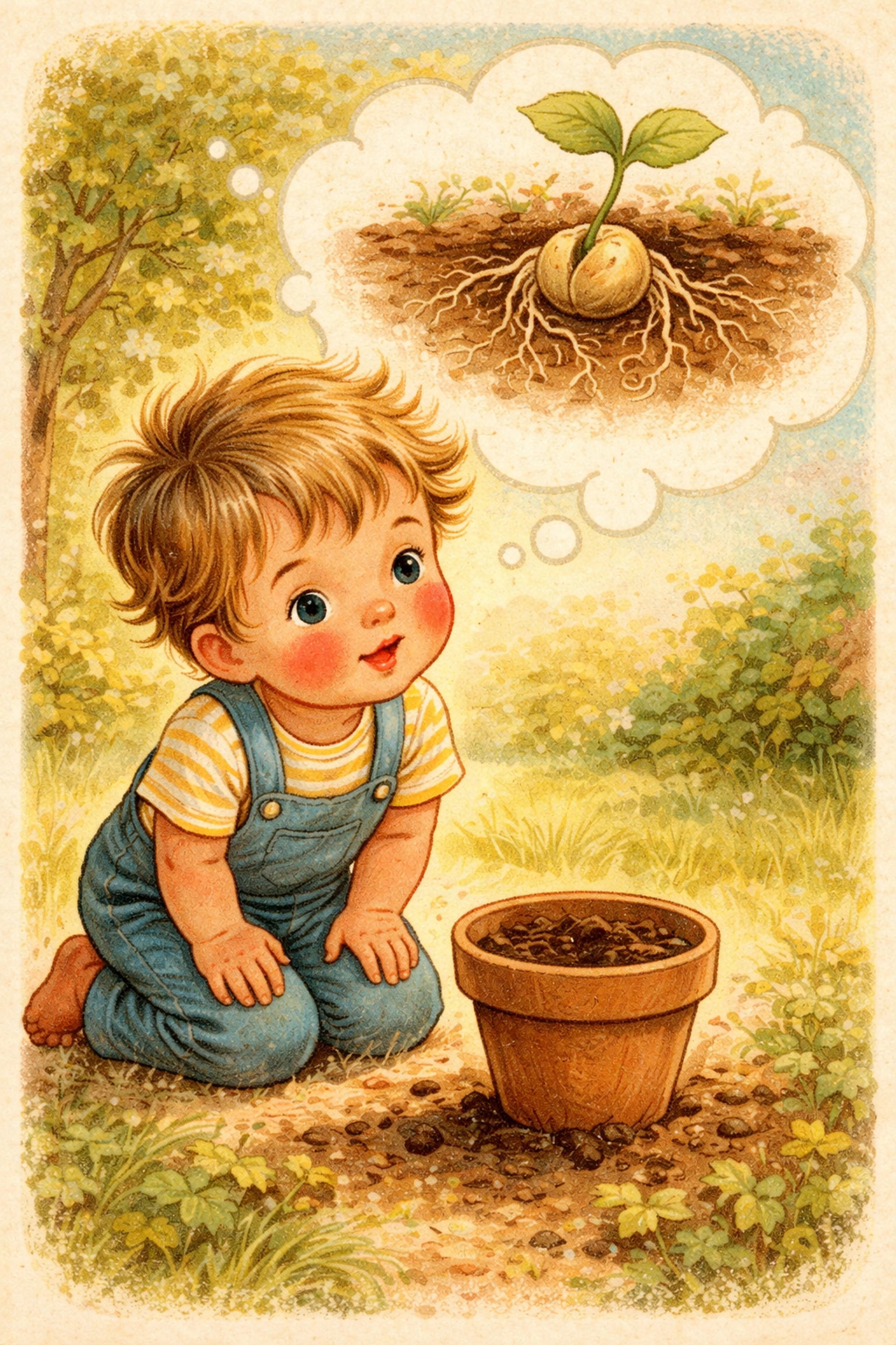 A young child imagines roots and a sprouting seed underground, showing patience and curiosity while waiting for seeds to grow.