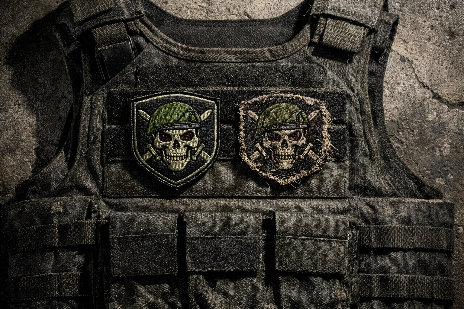 Quality military morale patch compared to cheap frayed patch on tactical plate carrier