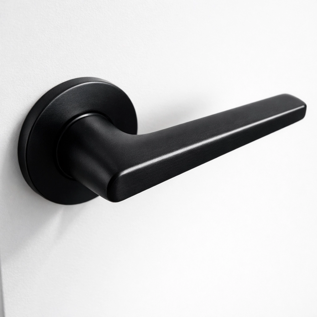 Detail shot of a clean matte black door handle, emphasizing high-touch point property maintenance.