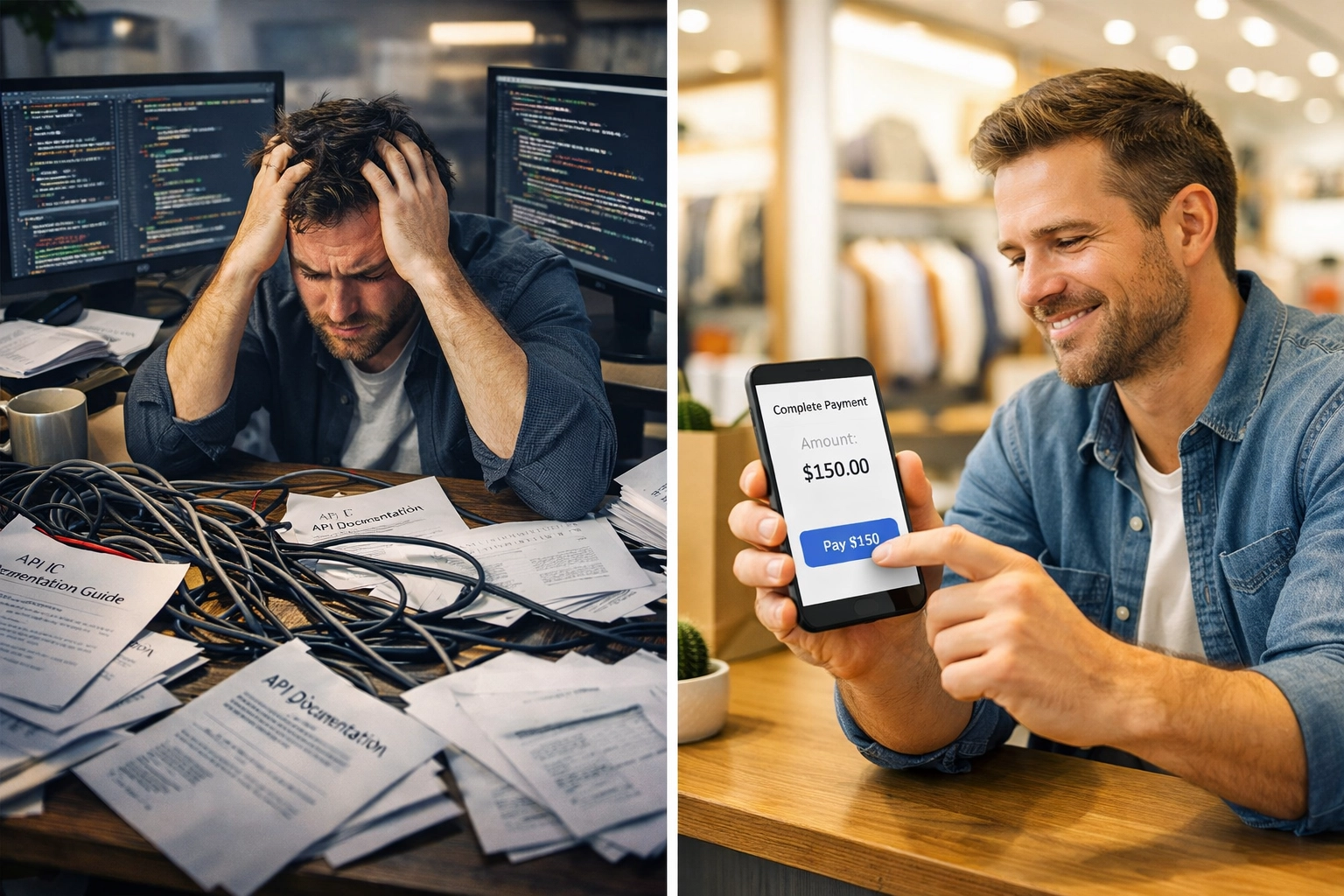 Merchant using simple crypto payment app versus complex API setup with multiple screens and documentation