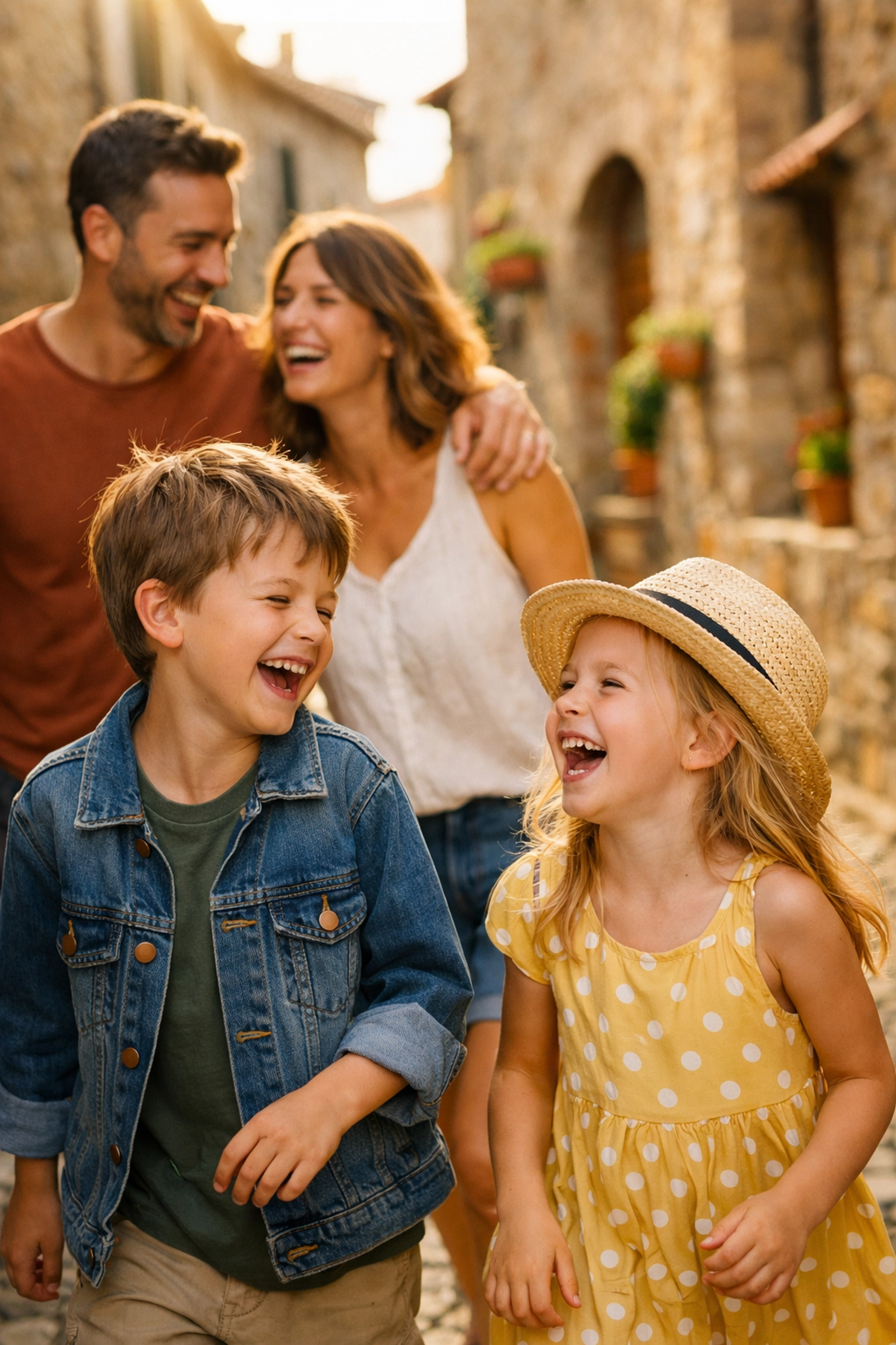 The Ultimate Guide to Fun Family Travel: Everything You Need to Succeed as a Photographer Parent 1 Candid family travel photo of a happy family laughing together on a sun-drenched European street.
