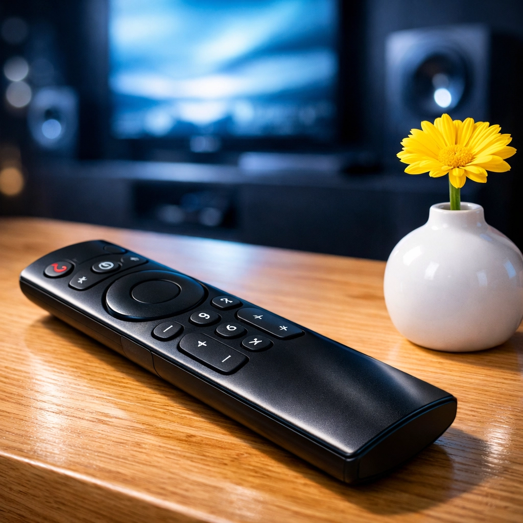 A sanitized TV remote resting on a clean table after a professional bi weekly house cleaning visit.