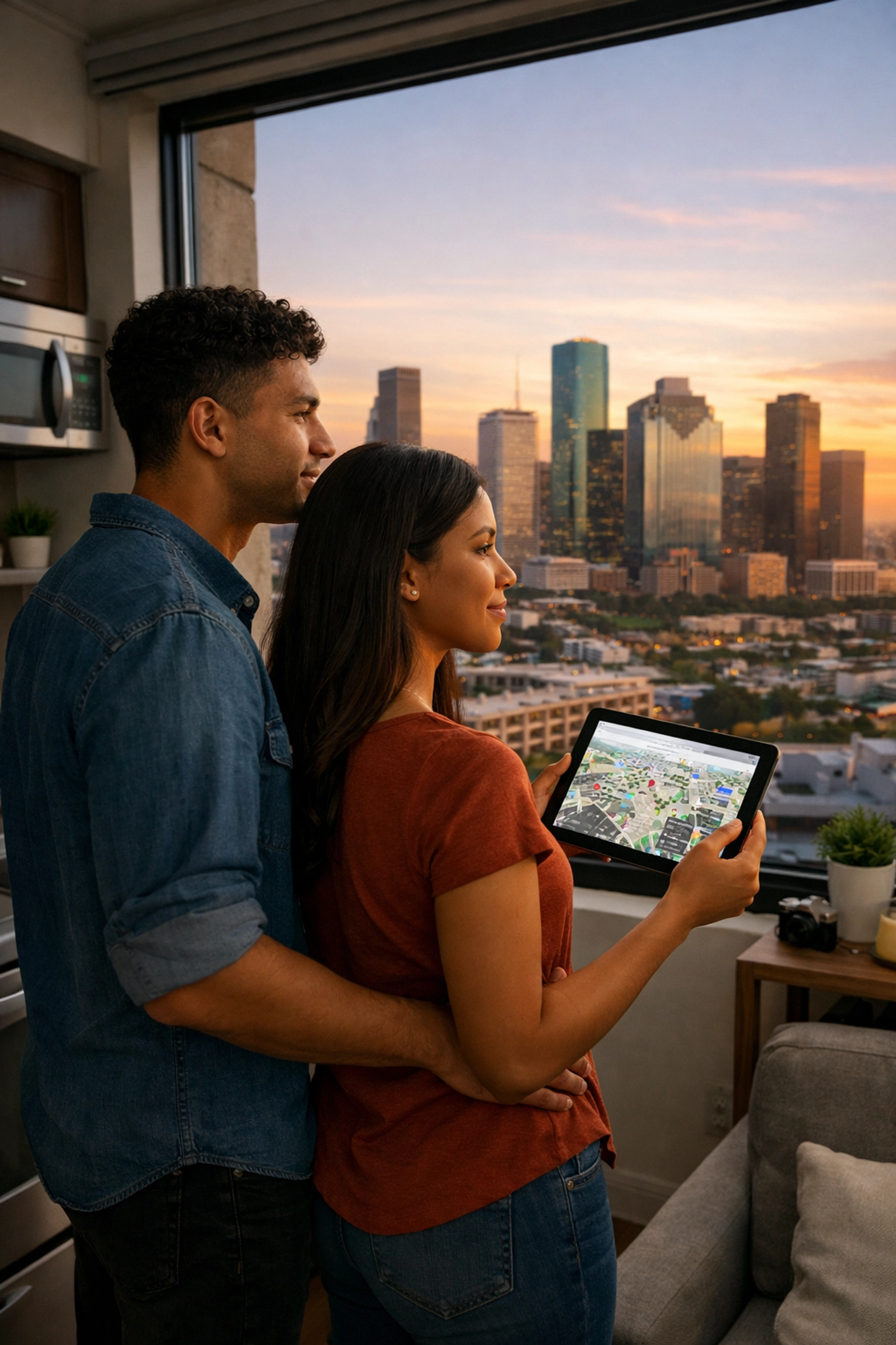A young couple looking at Houston city skyline from a compact apartment, considering affordable living options.