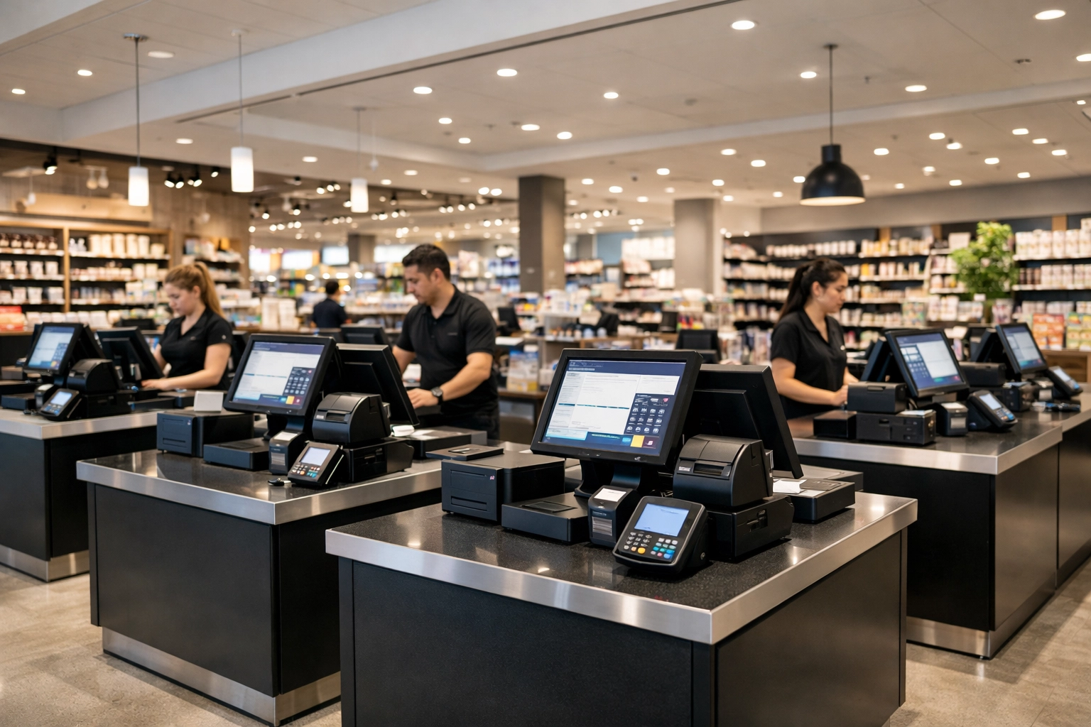 Modern retail store with multiple POS checkout counters for growing businesses