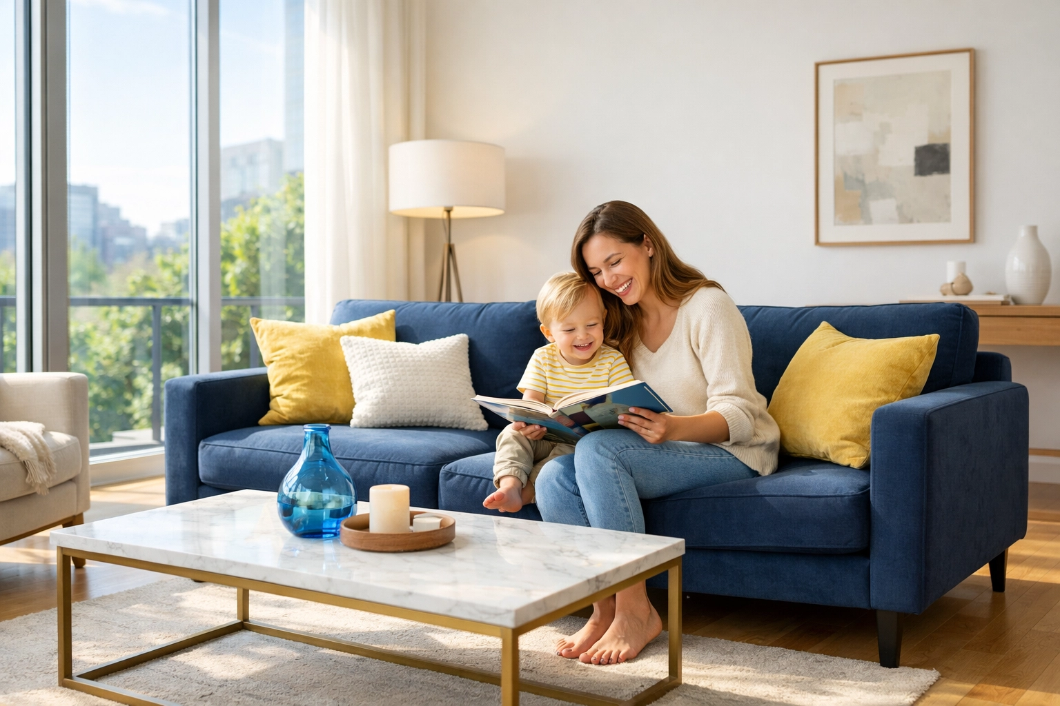 Mother and toddler enjoying a clean living room after bi-weekly house cleaning services.