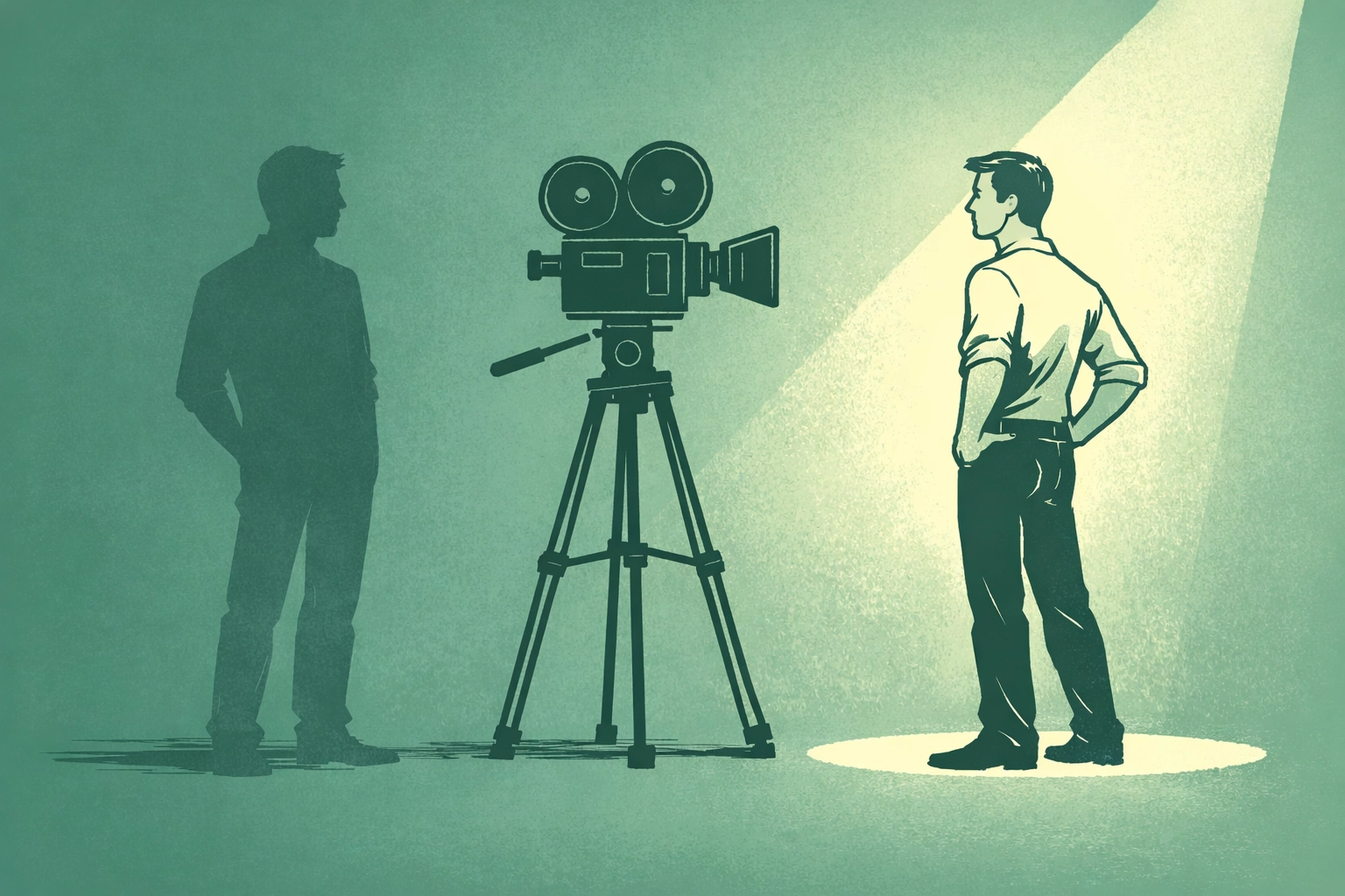 Star and stunt double silhouettes divided by movie camera, showing visibility contrast in MM romance