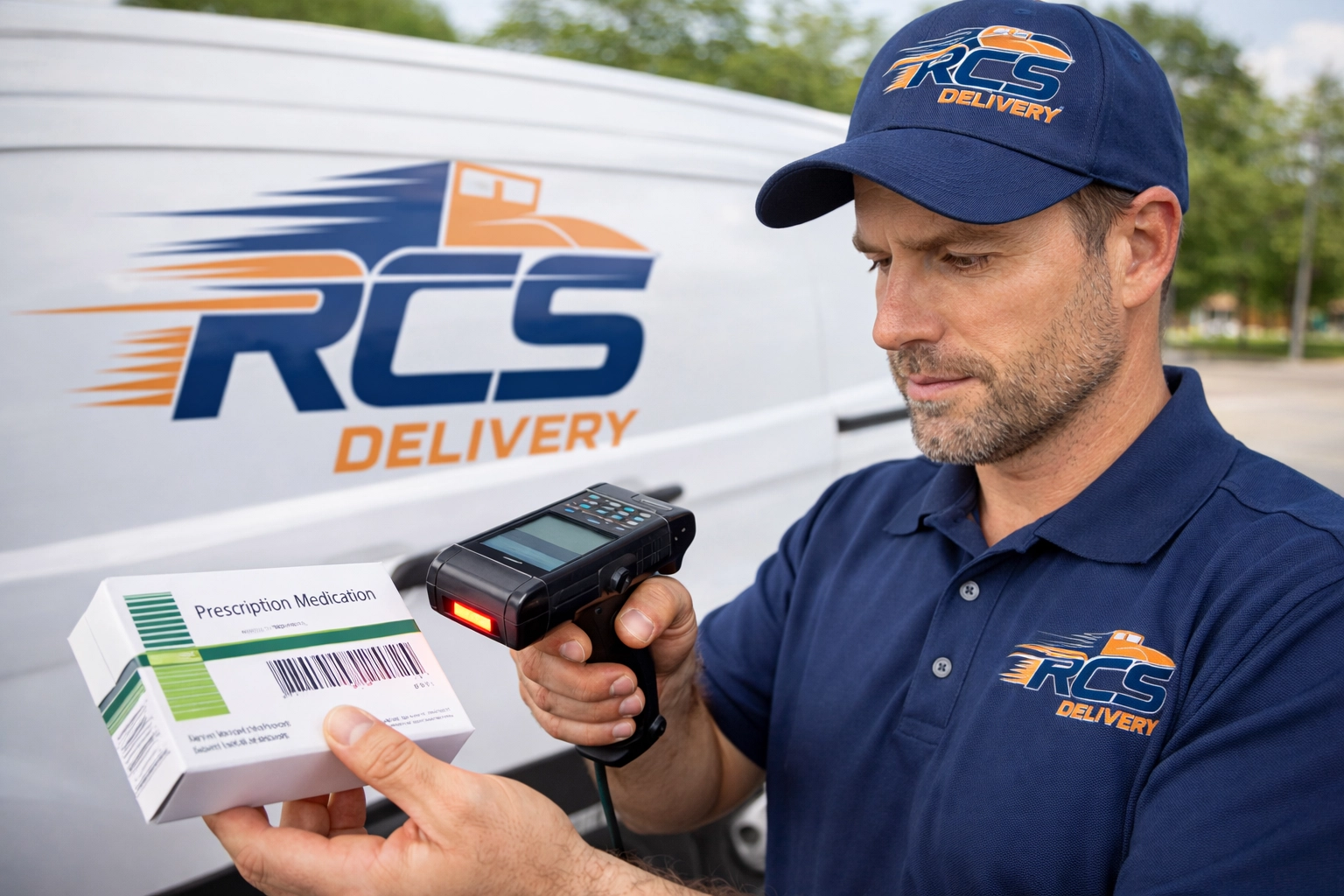 Professional courier scanning barcode on pharmacy package for secure delivery tracking