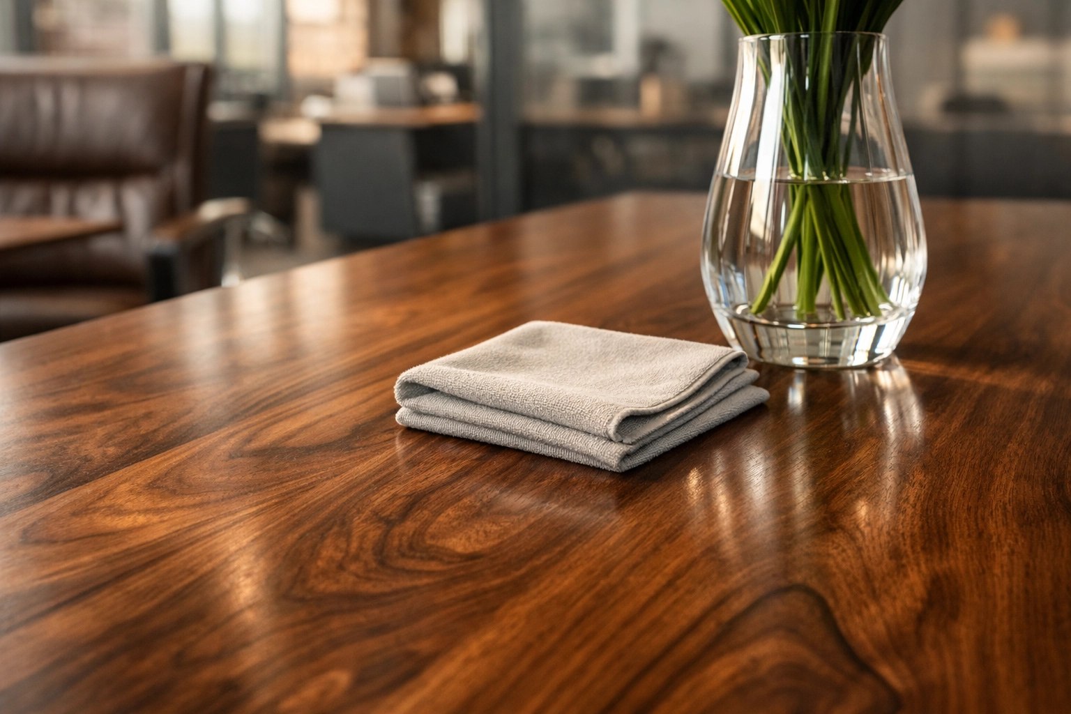 Polished walnut conference table in a Detroit office suite showcasing professional wood surface care.