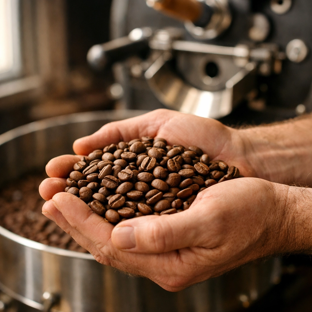 Expert roaster holding freshly roasted specialty coffee beans from a wholesale coffee supplier.