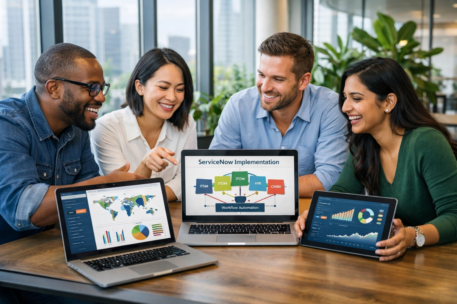 IT professionals analyzing ServiceNow implementation ROI dashboards and partner selection metrics