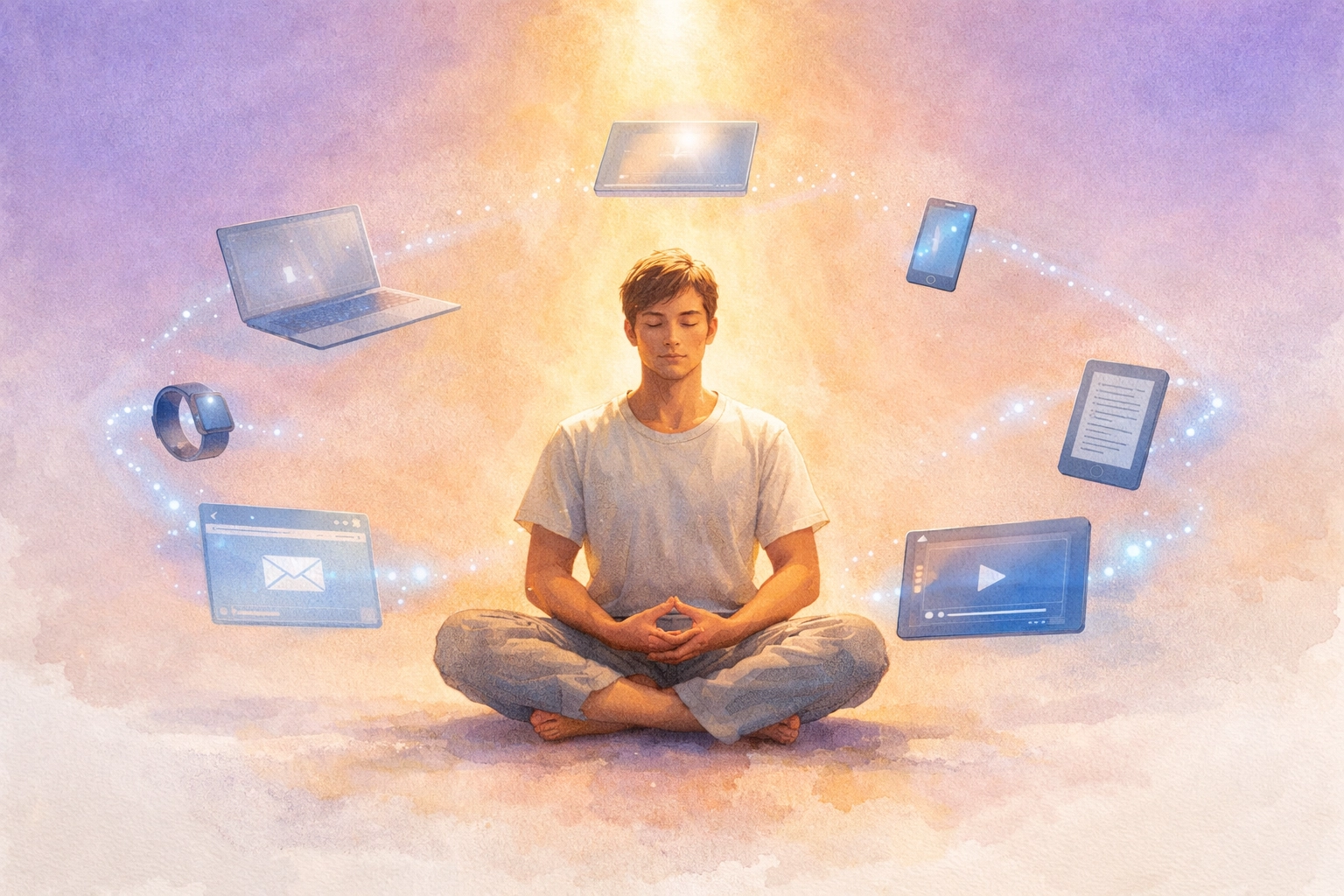 Person practicing mindful meditation while surrounded by digital devices showing intentional tech use
