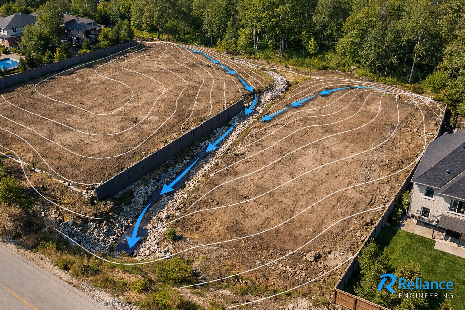 Lot severance in Ontario featuring professional grading plans and drainage swales to manage site stormwater runoff.