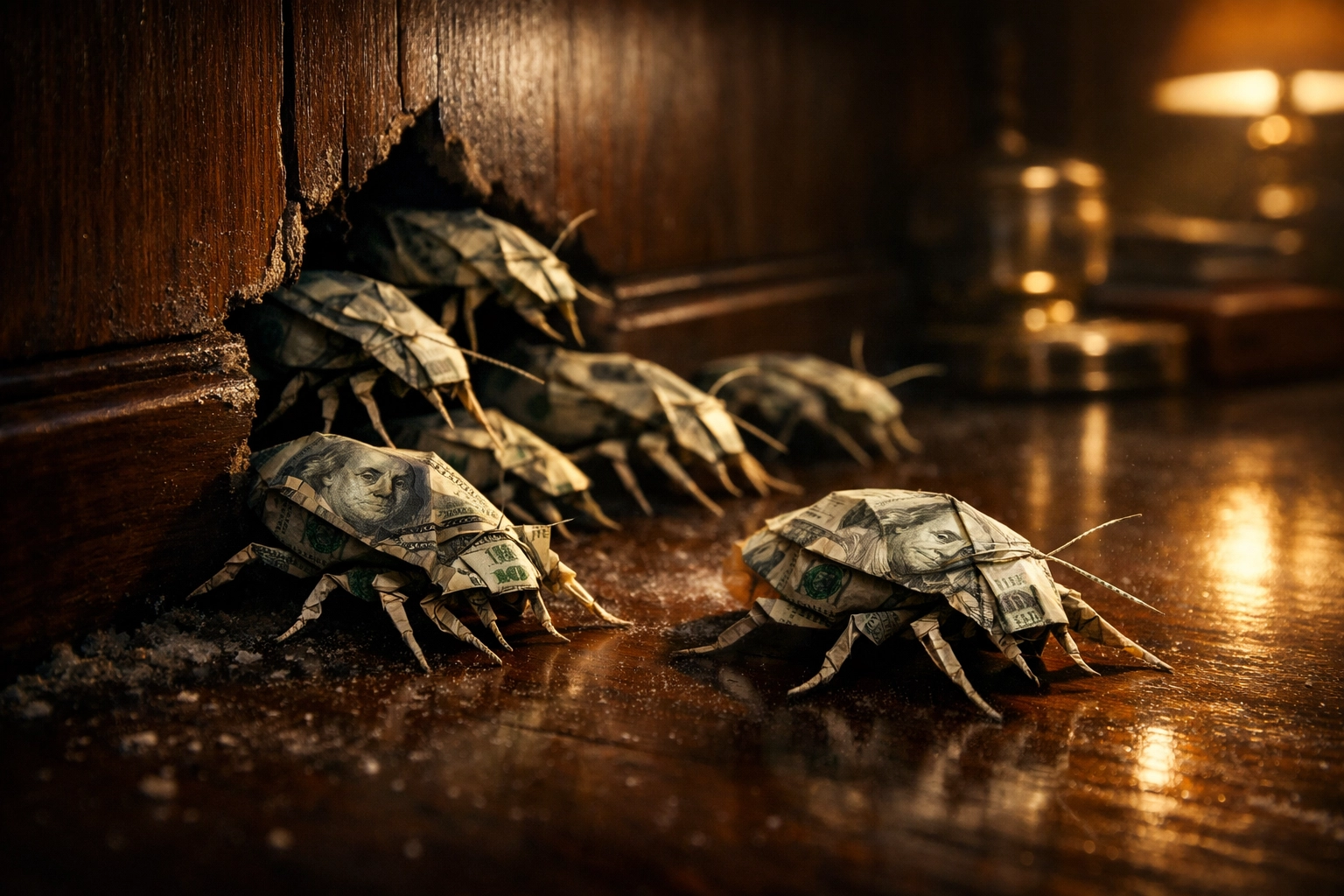 Dollar bills shaped like cockroaches emerging from a wall, symbolizing private credit defaults.
