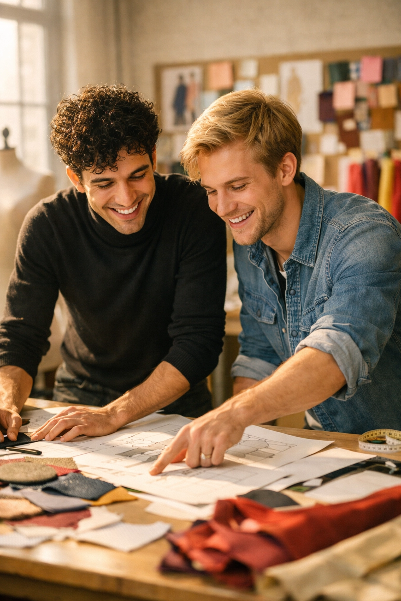 Two queer fashion designers collaborating on sketches in a bright design studio