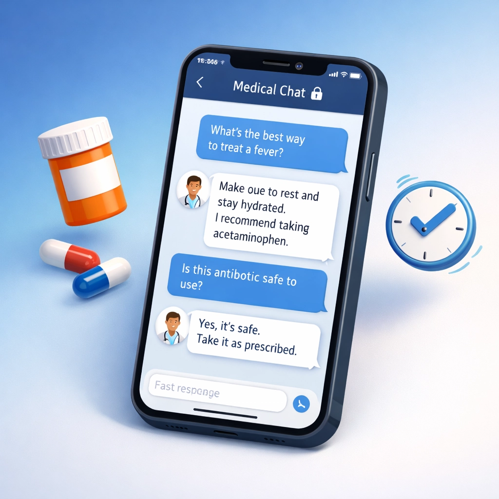 Smartphone showing online doctor chat for same day UTI antibiotics prescription