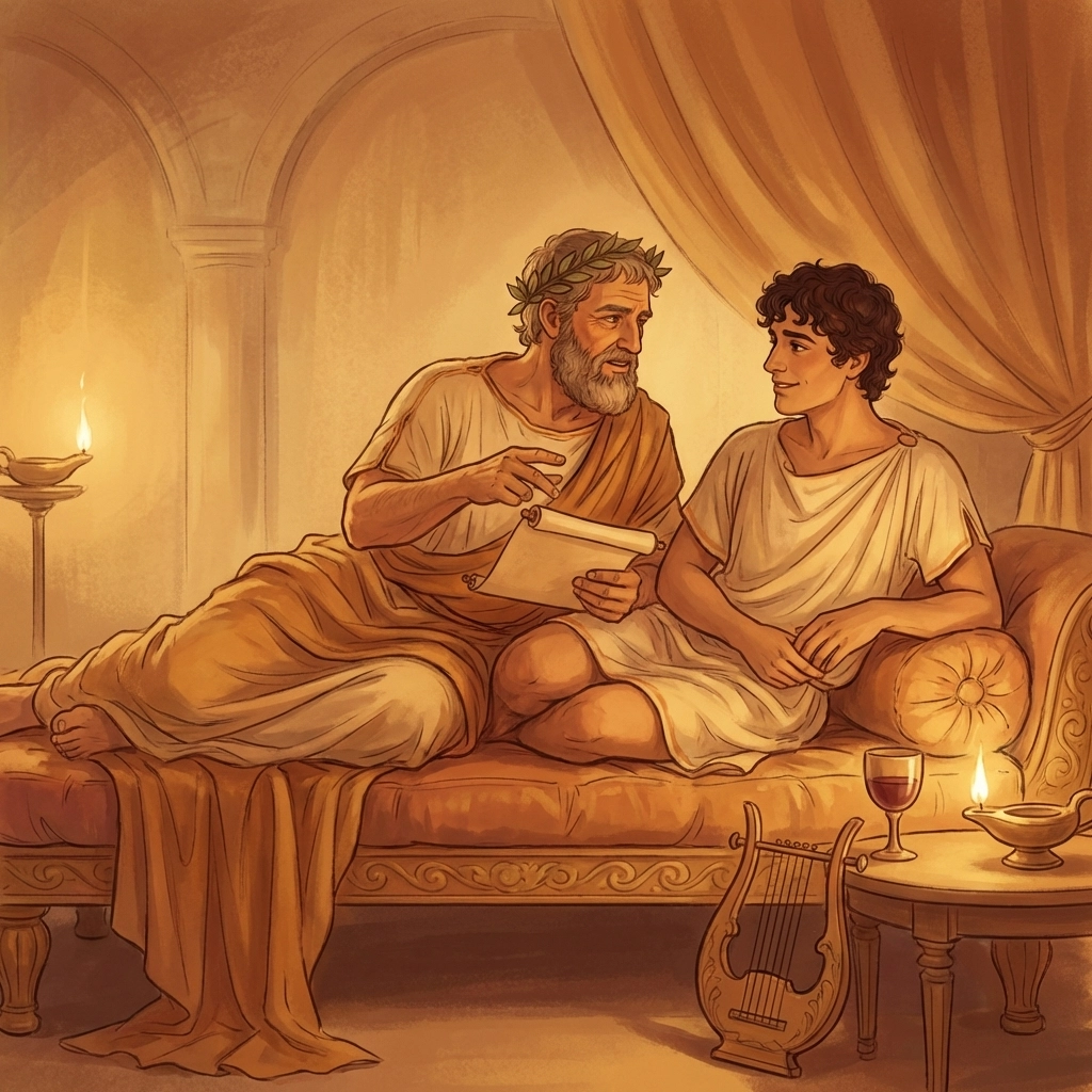 Erastes and eromenos Greek male lovers reclining at symposium