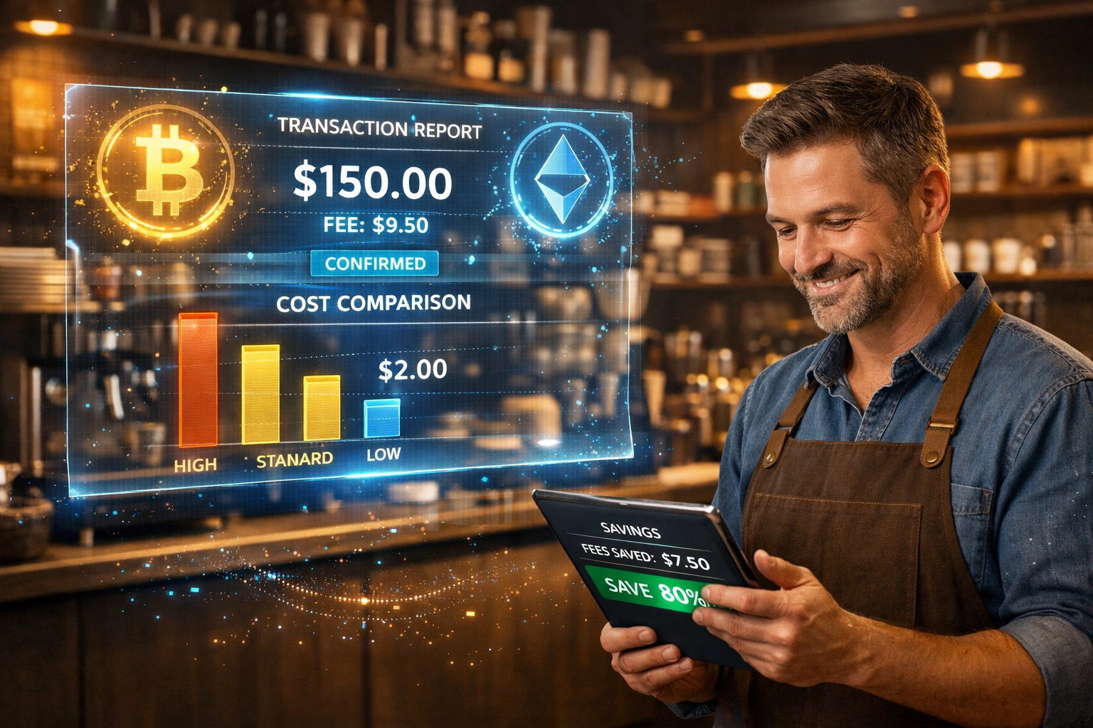Small business coffee shop owner viewing crypto POS transaction savings on holographic display