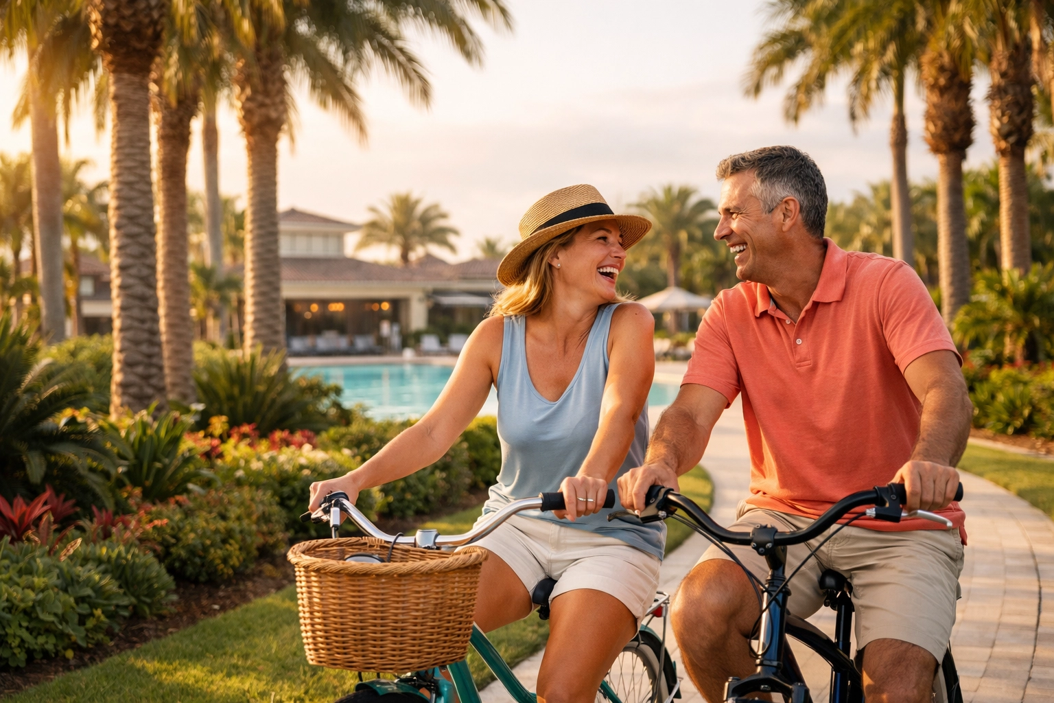Couple cycling through one of the premier gated communities in Cape Coral Florida near the clubhouse.