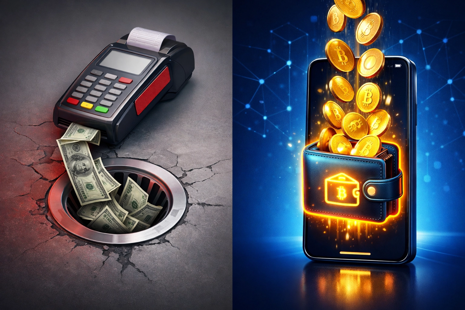 Traditional payment terminal losing money compared to self-custody crypto wallet receiving payments