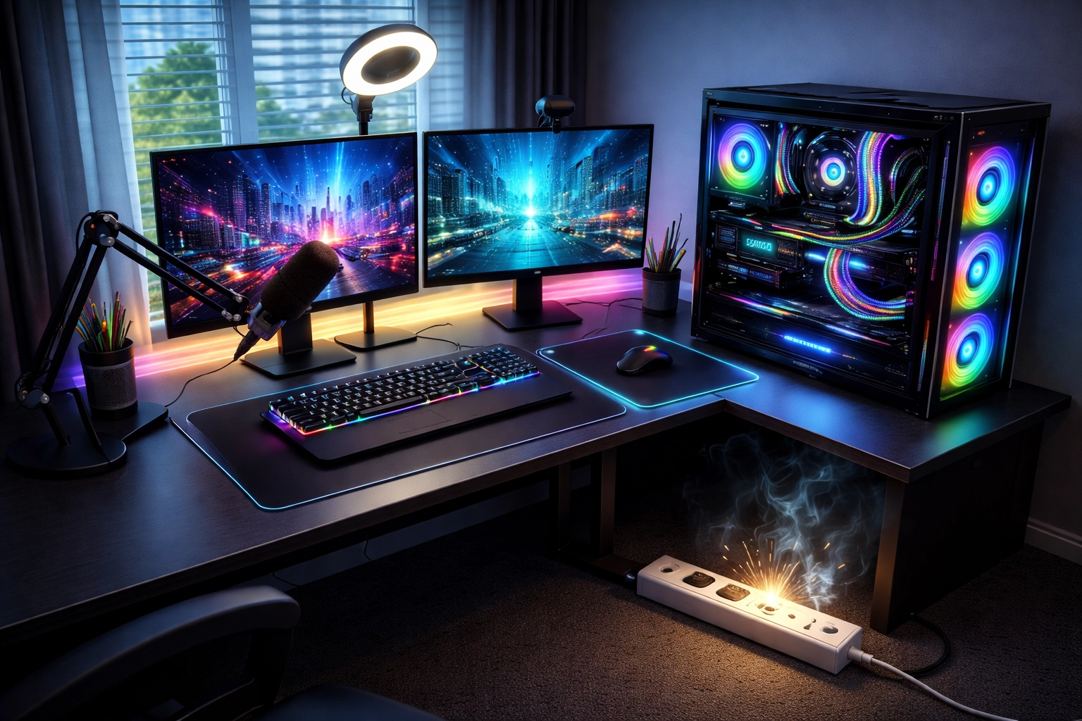 High-end gaming PC desk setup with RGB lighting, dual monitors, and streaming gear highlighting the risk of power surges.