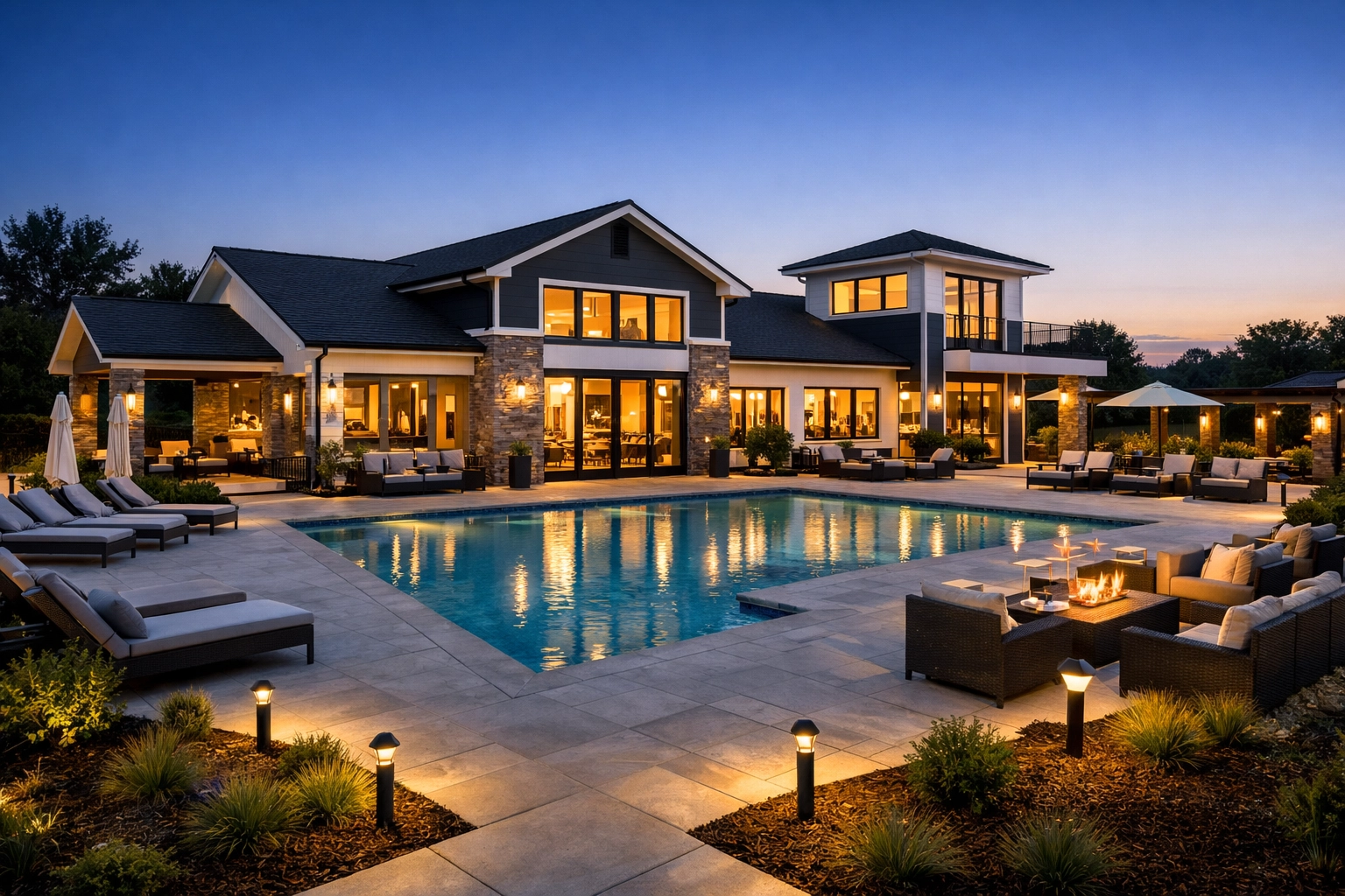 Modernized HOA clubhouse and pool area renovation featuring updated landscaping to protect community property values.