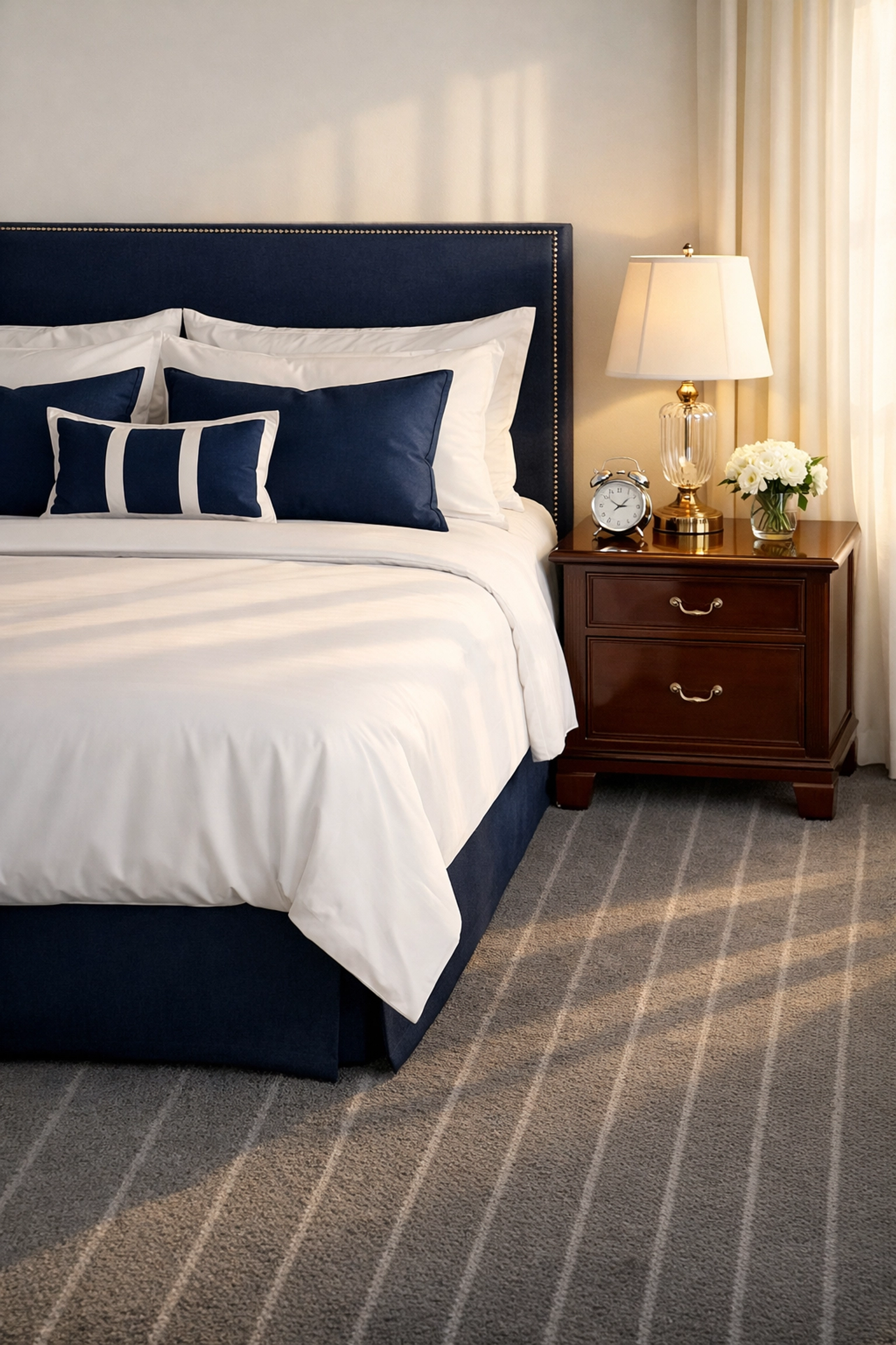 Immaculate master bedroom with vacuum lines showcasing the detail of house cleaning services MA.