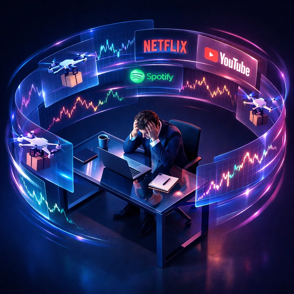 A professional facing a holographic loop of digital expenses and market data in 2026.