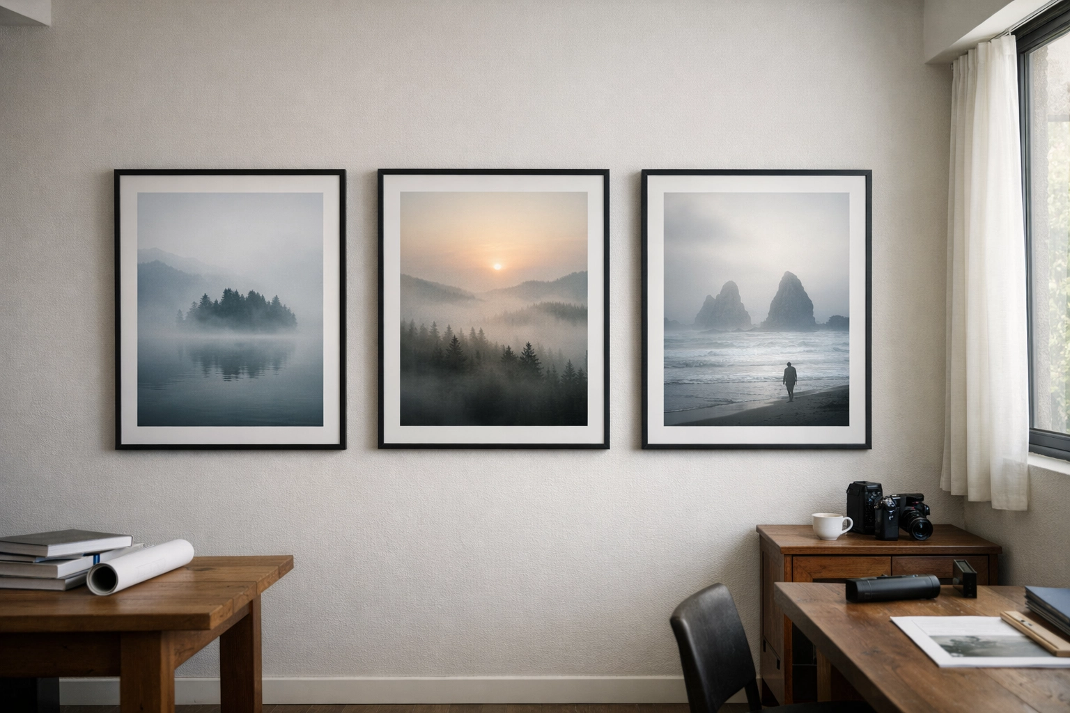 Professional fine art photography portfolio prints displayed in a minimalist gallery space.