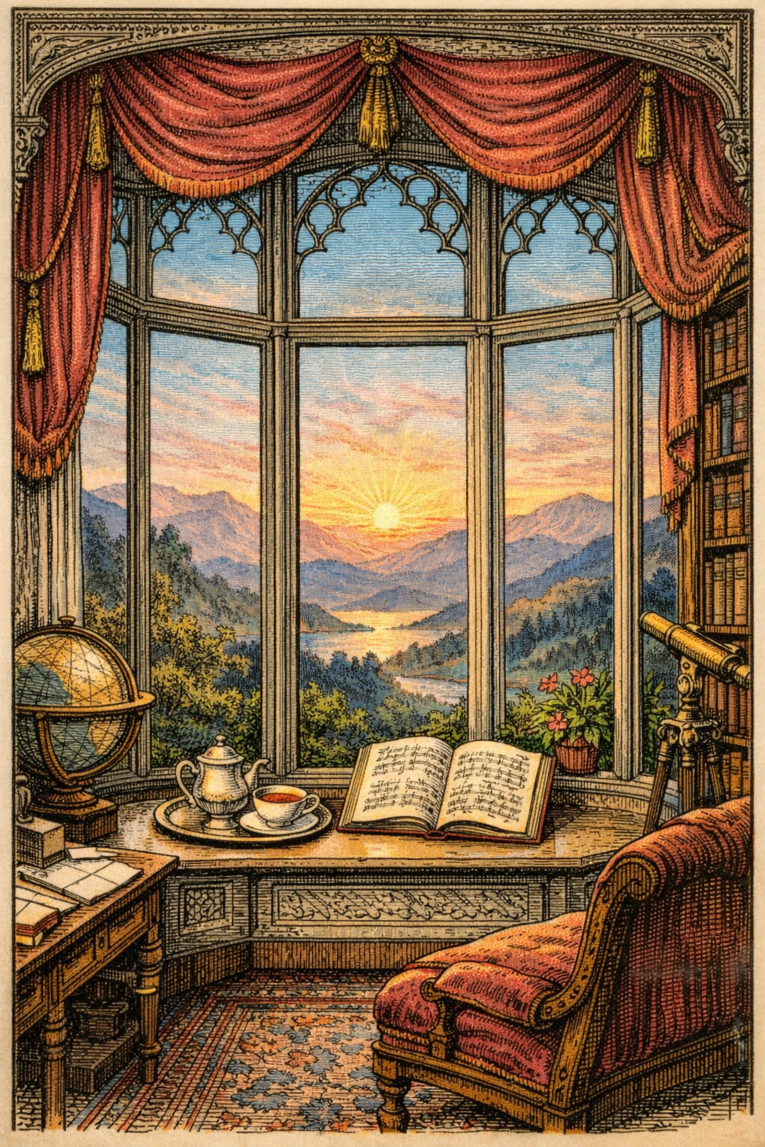 Vintage illustration of a music study window looking out toward a horizon of global music education.