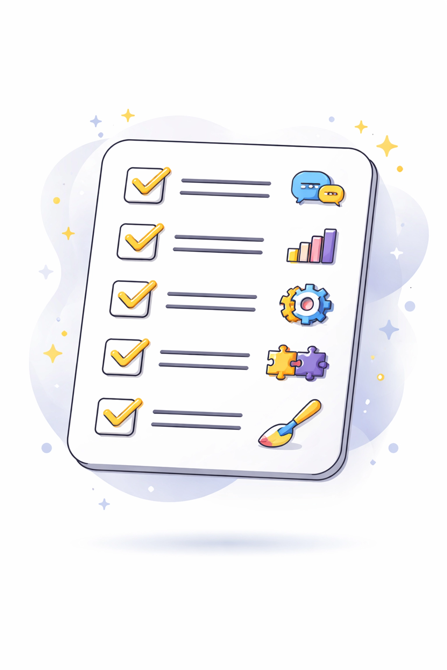 Checklist with icons for essential webinar platform features like engagement, analytics, automation, integrations, and branding.