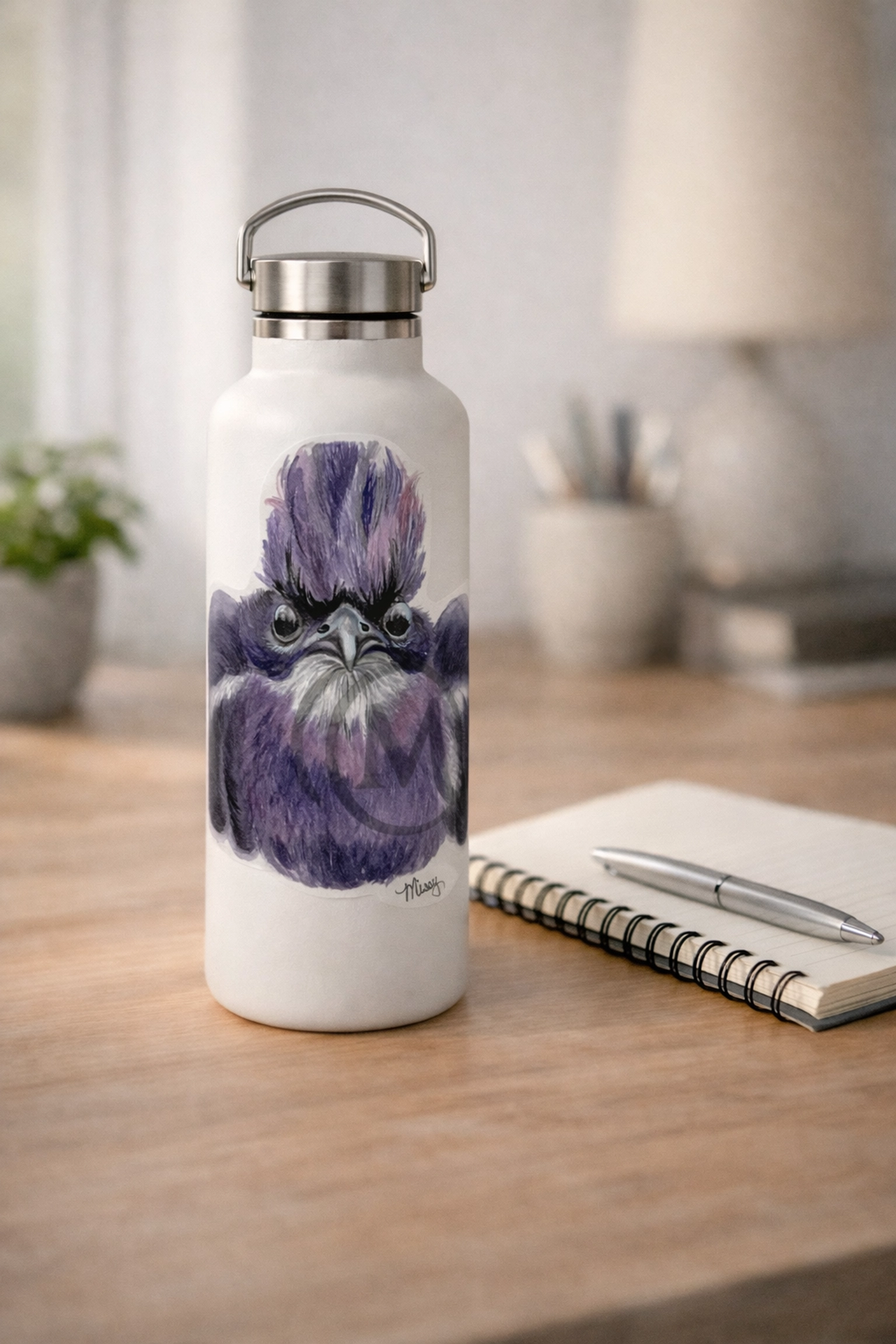 Purple Bird sticker on a water bottle (Missy original art, watermark kept)