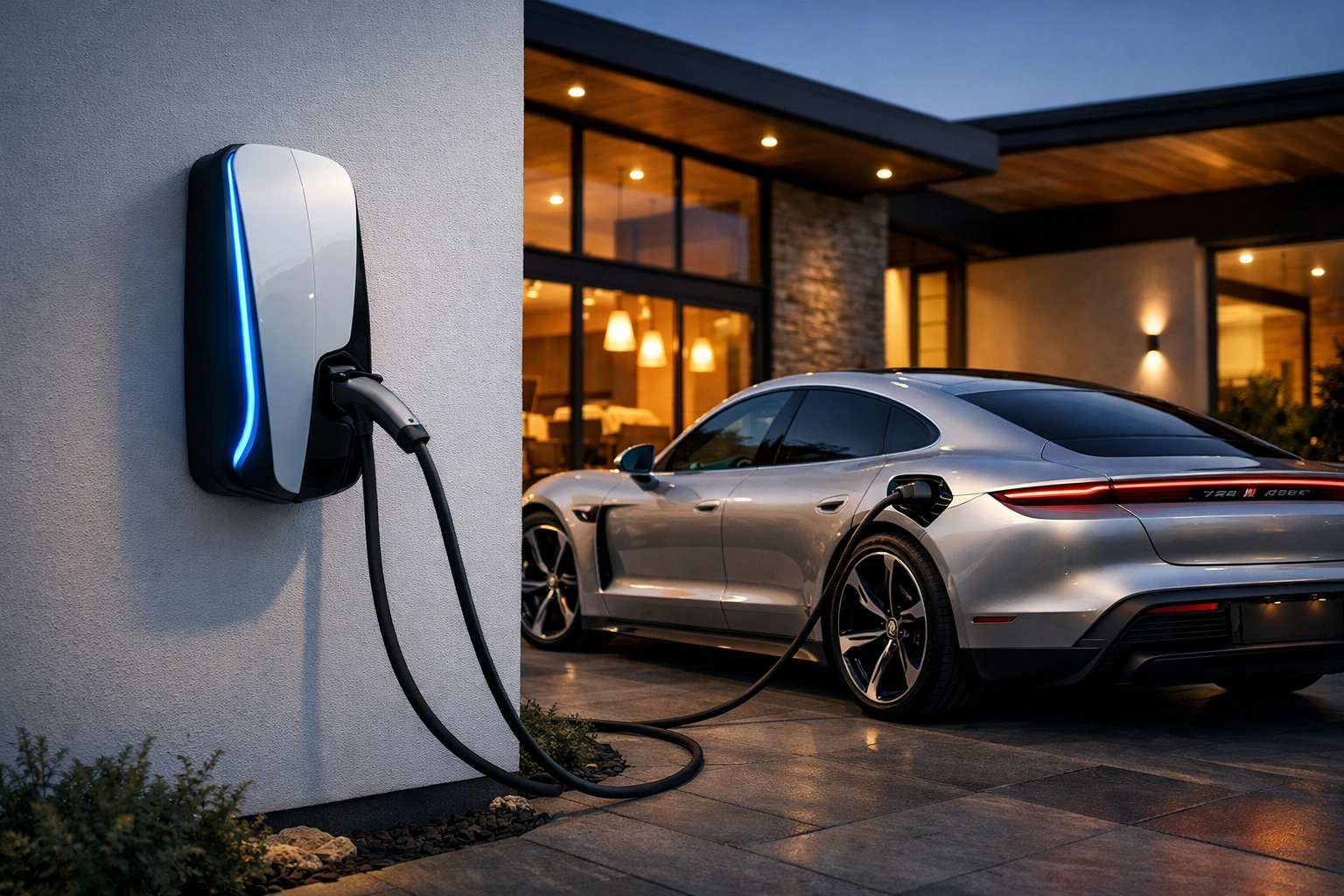 Luxury Porsche Taycan connected to wall-mounted home EV charging station at modern property