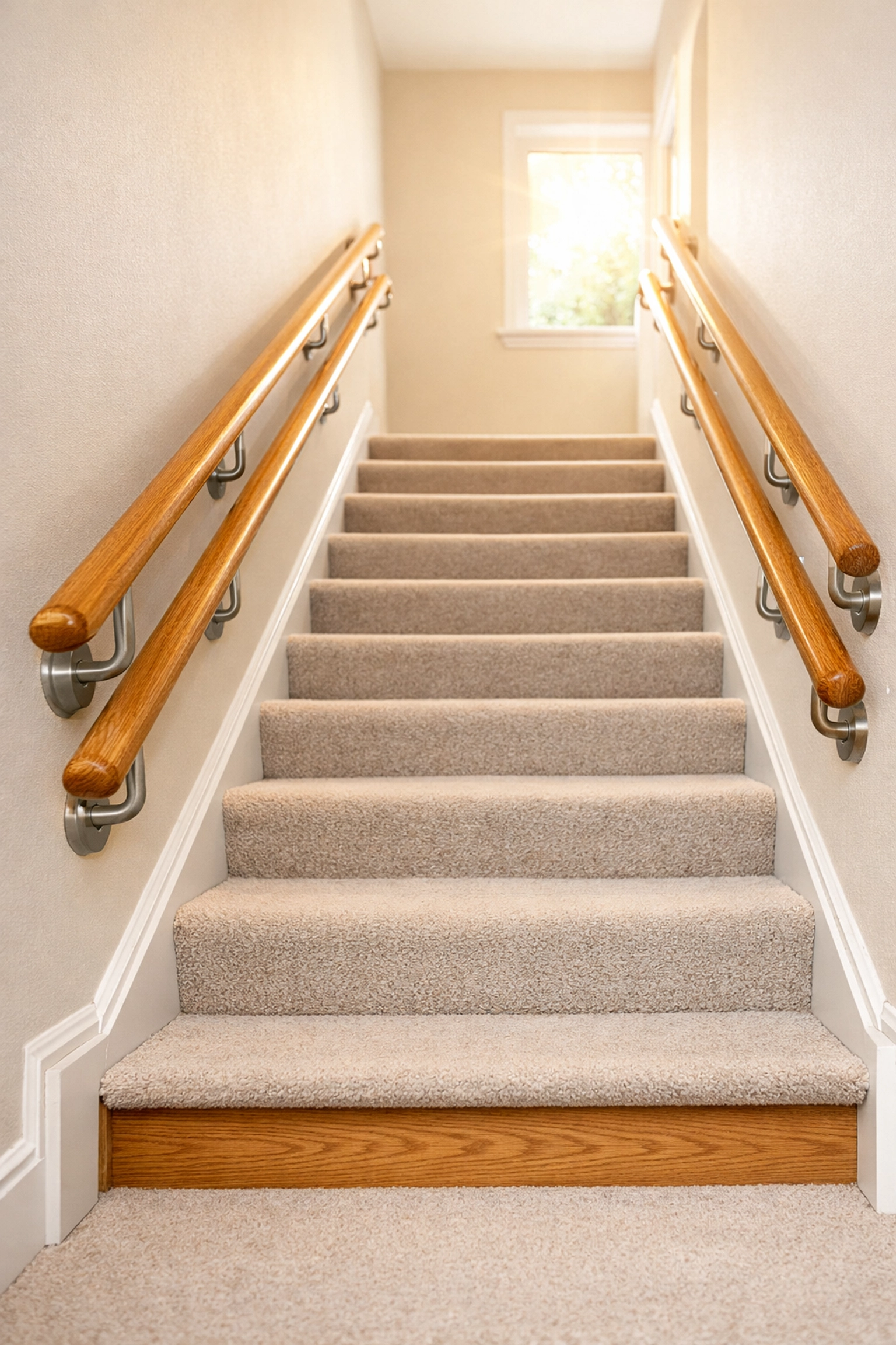 A safe indoor staircase featuring dual handrails on both sides for balanced support and continuous stability.