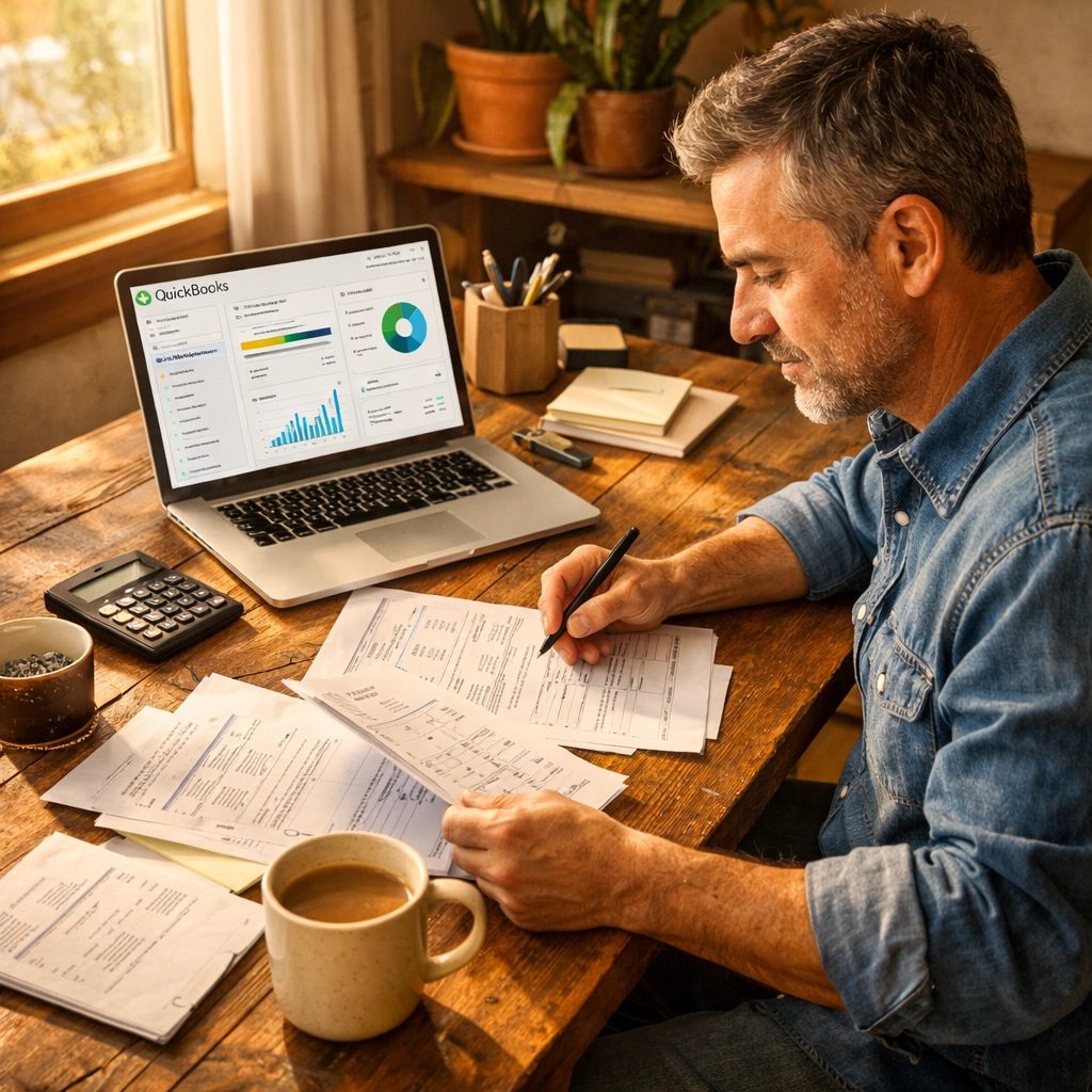 Small business owner reviewing QuickBooks and financial documents at organized workspace