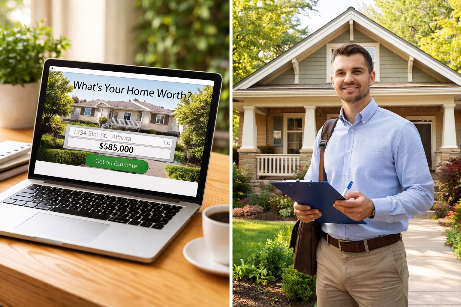 Split-screen showing a home appraiser outside an Atlanta craftsman home and a laptop with an online estimate, highlighting appraisal accuracy.