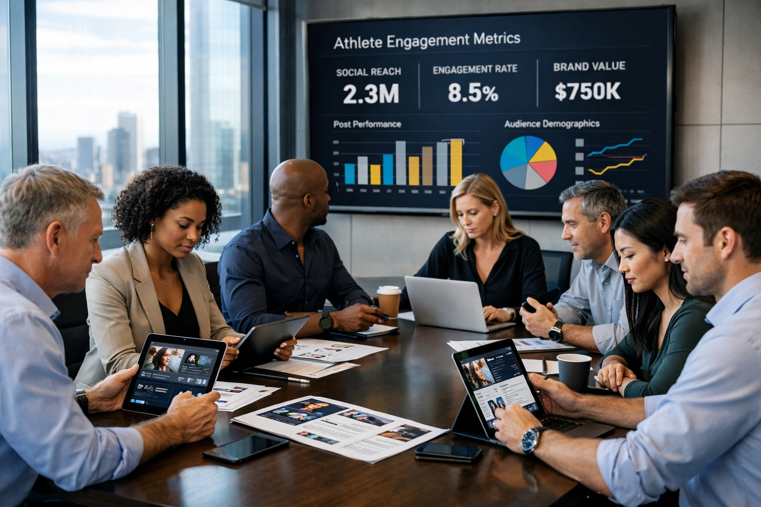 Fortune 100 executives reviewing NIL partnership strategies and athlete profiles in corporate boardroom