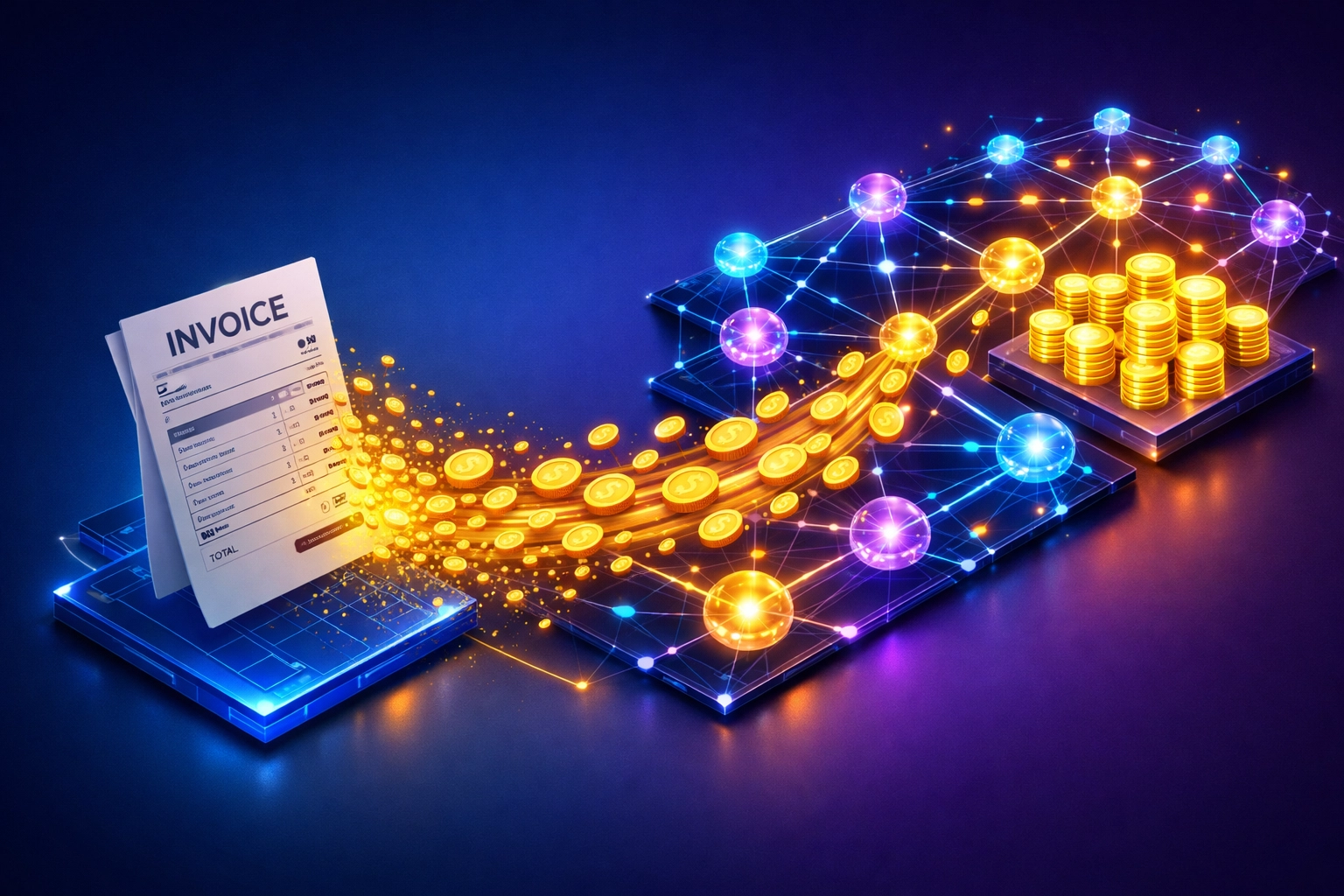 Digital invoice transforming into receivables tokens on blockchain for instant liquidity