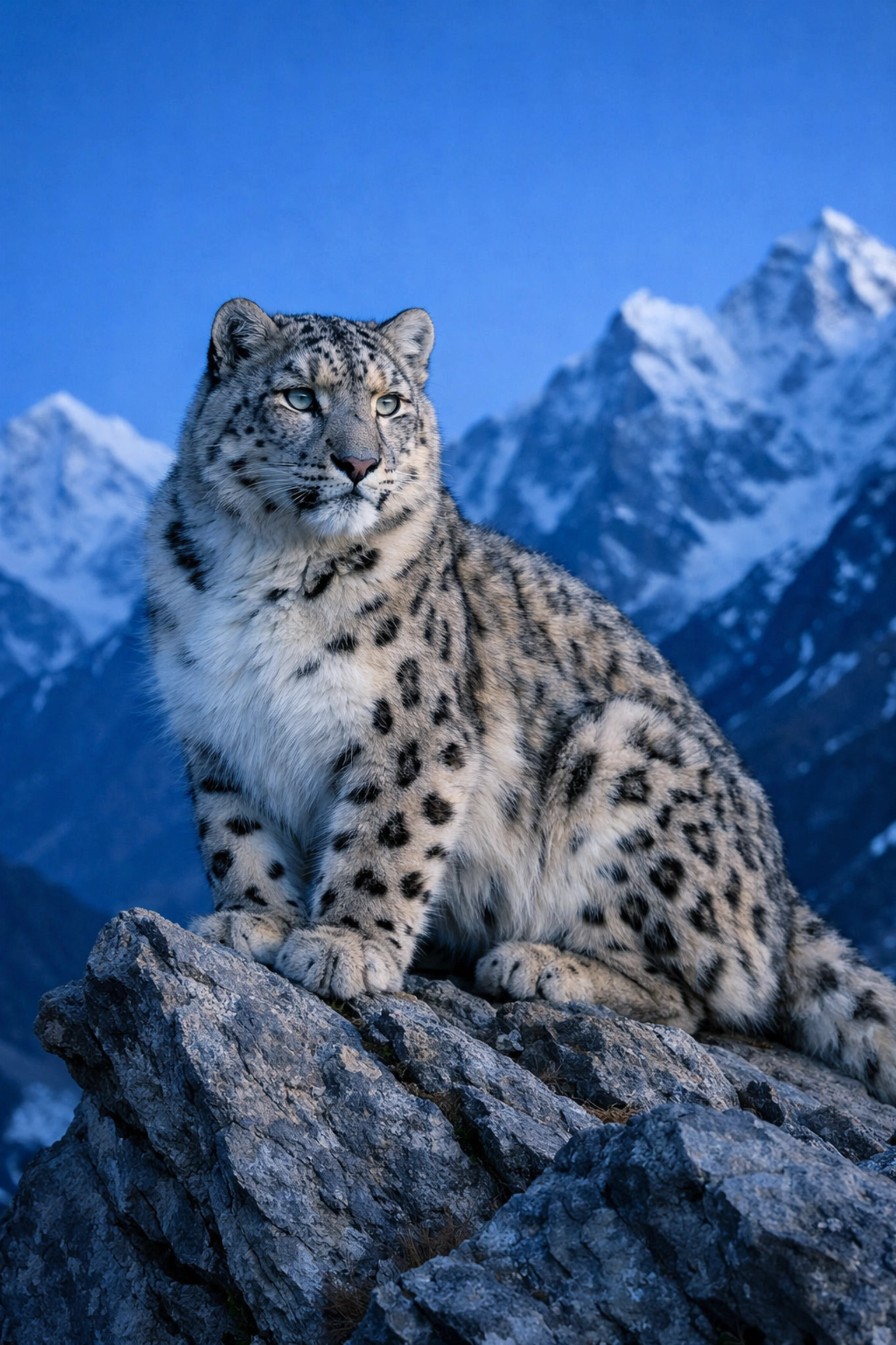 A majestic snow leopard perched on rocks in the Himalayas representing species protection.