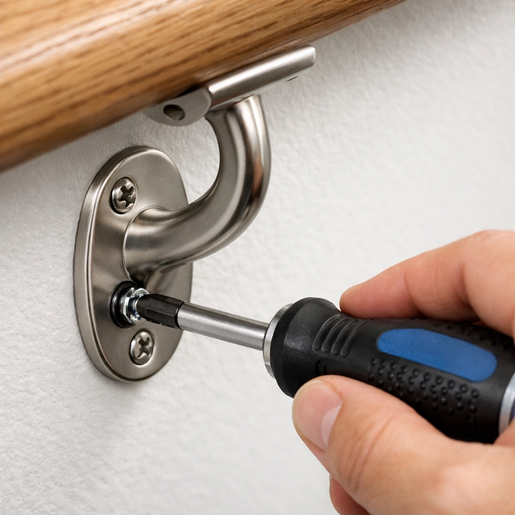 A homeowner using a screwdriver to secure a handrail bracket to a wall for improved stair safety.