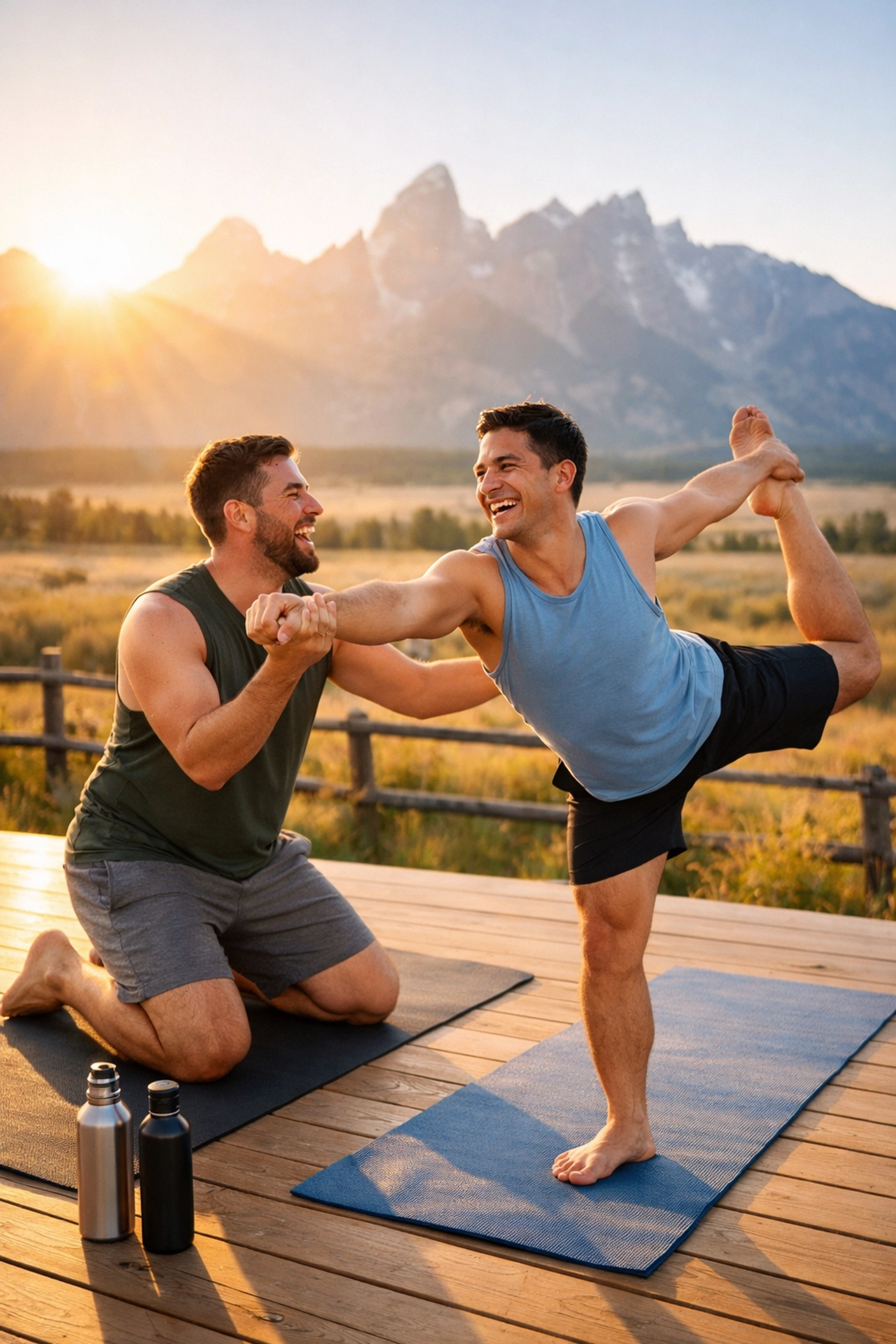 Gay couple practicing partner yoga at luxury wellness retreat in Wyoming