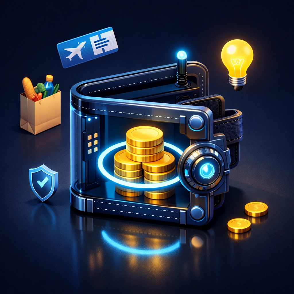 AI SIGNAL : Putting AI to Work 3 Digital wallet with a glowing security ring showing safe AI spending limits and commerce.