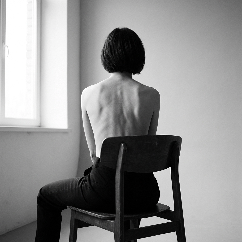 Erotic photography poses: back view of a model straddling a chair to highlight spinal alignment.