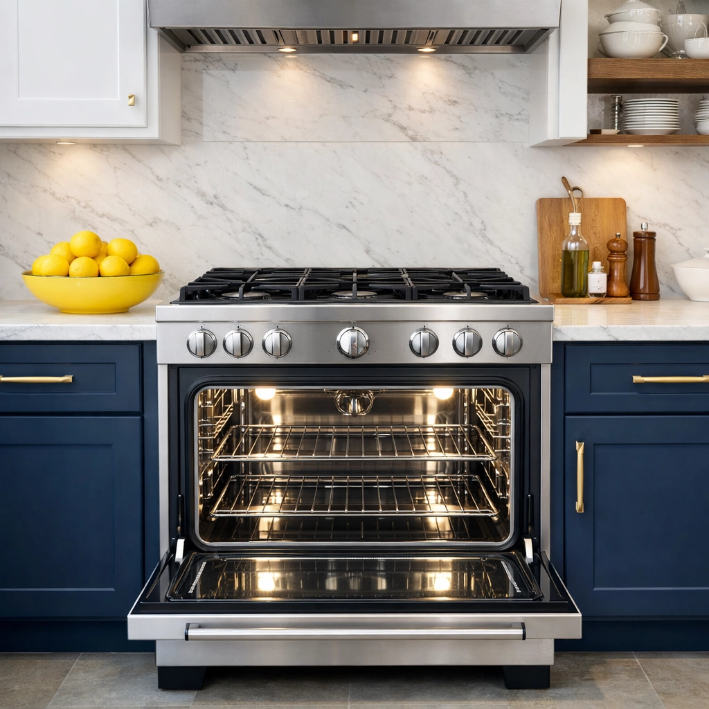 A spotless modern kitchen with a clean open oven and marble countertops ready for a move-out inspection.